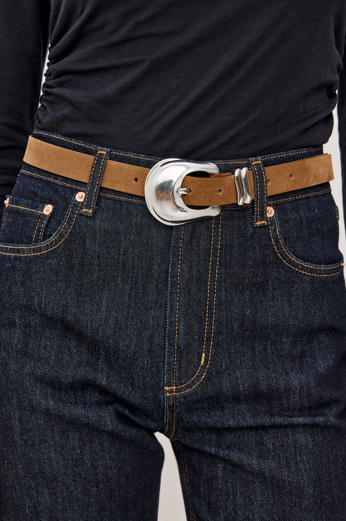 Rodeo Belt with a Brown Leather Belt with Belt Loop and a Chunky Gold-Toned Buckle in Brown Suede Colorway - Front View Featured on Model