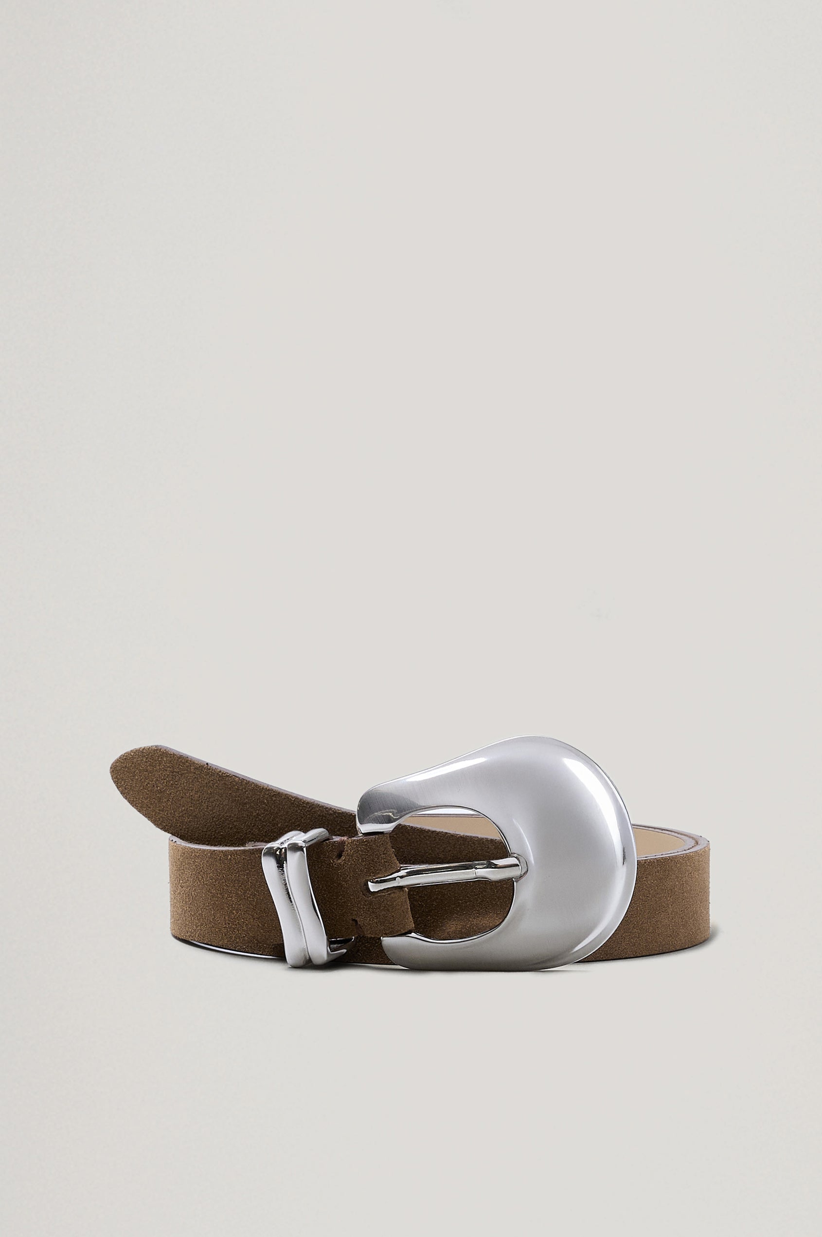 Rodeo Belt with a Brown Suede Leather Belt with Belt Loop and a Chunky Silver-Toned Buckle in Brown Suede Colorway - Front View Featured on Model