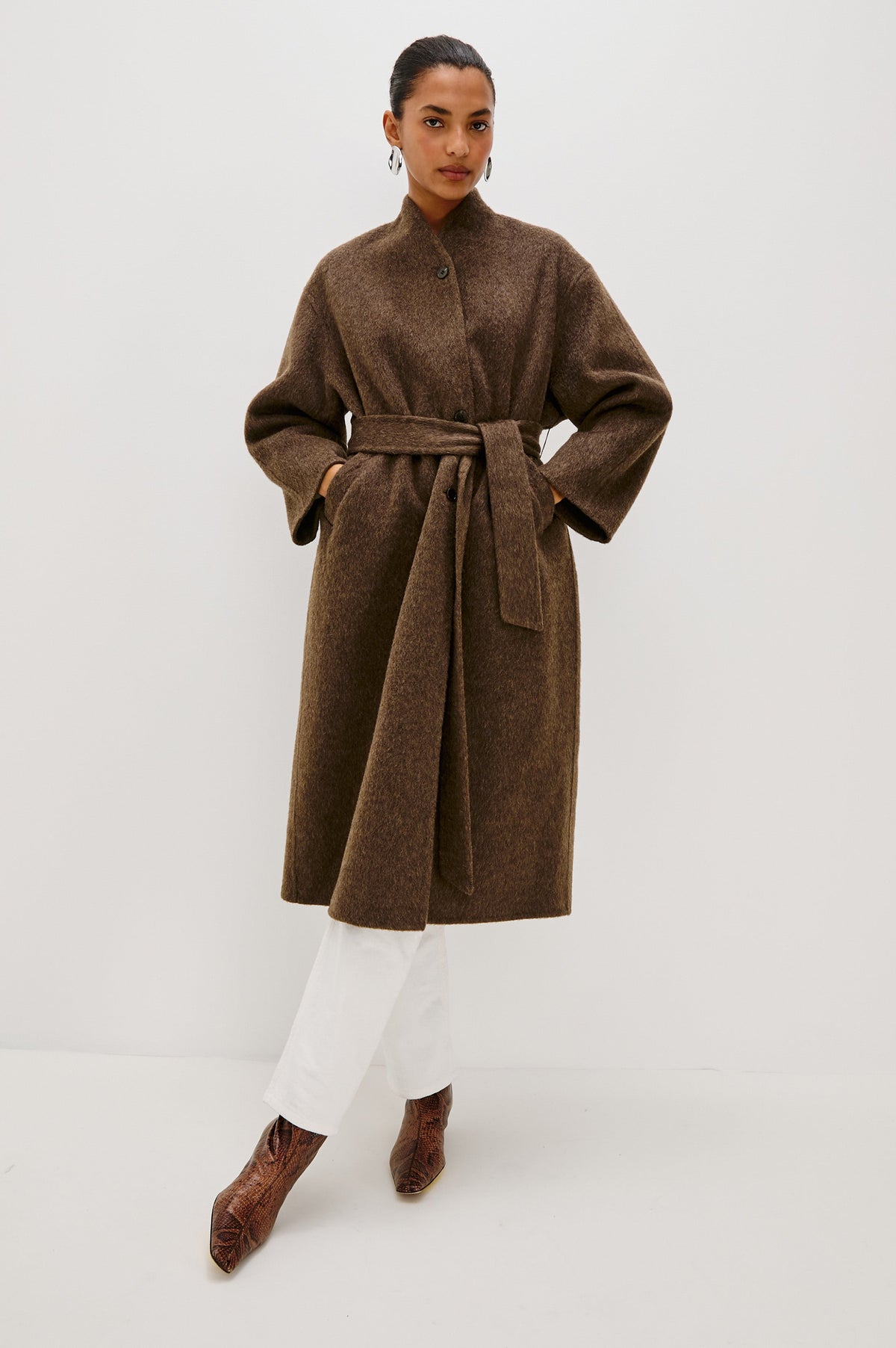 Roland Wool Blend Coat with a Funnel Collar, Self-Tie Belt, and A-Line Fit in Heather Umber Colorway - Front Full Body View Shown on Model.