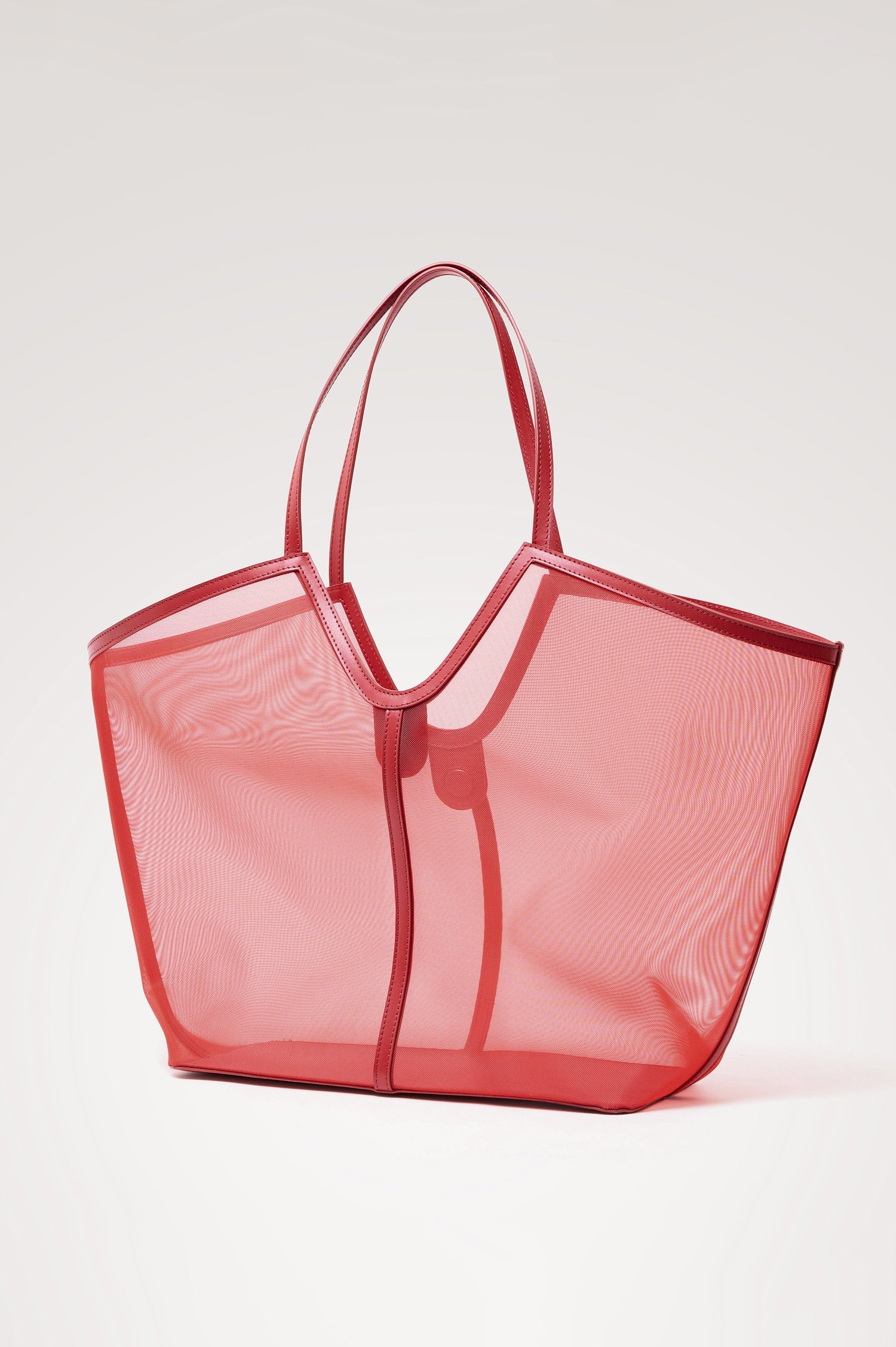 Roma Tote in Mesh With Spacious Trapeze Shape, Leather Trim, and Top Handles in Tomato Colorway - Front View Featured