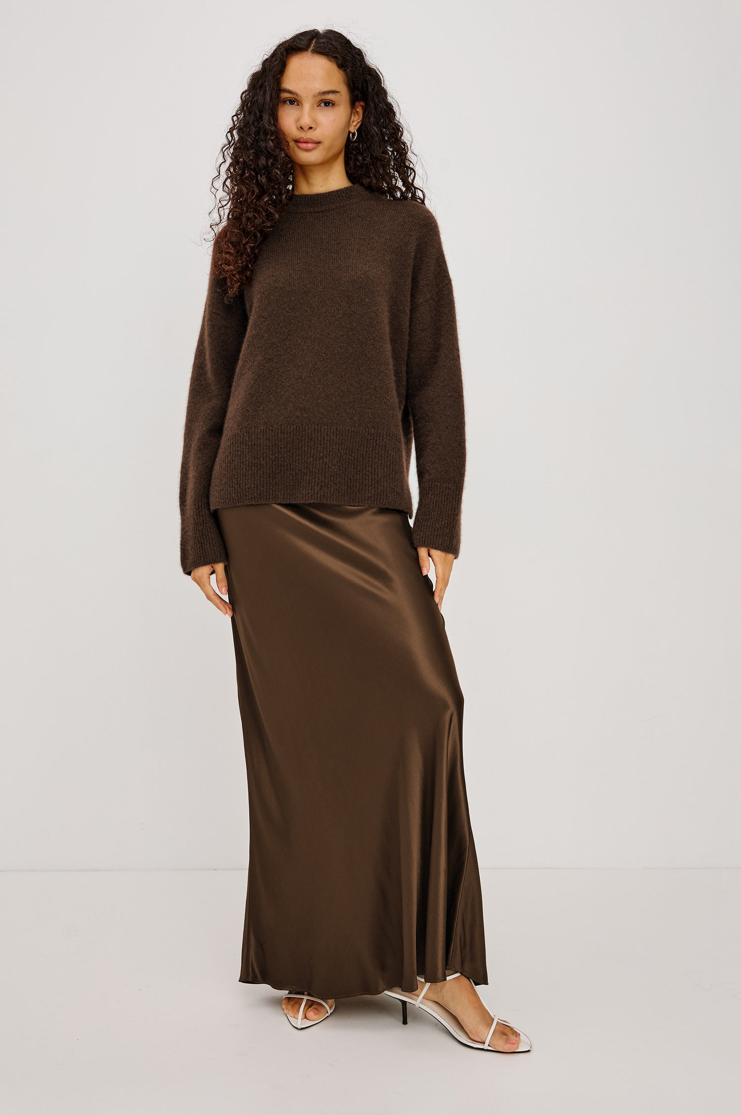 Romina Maxi Skirt Bias Cut in Satin-Back Crepe With Elastic High Waist in Espresso Colorway - Full Body Front View Featured on Model