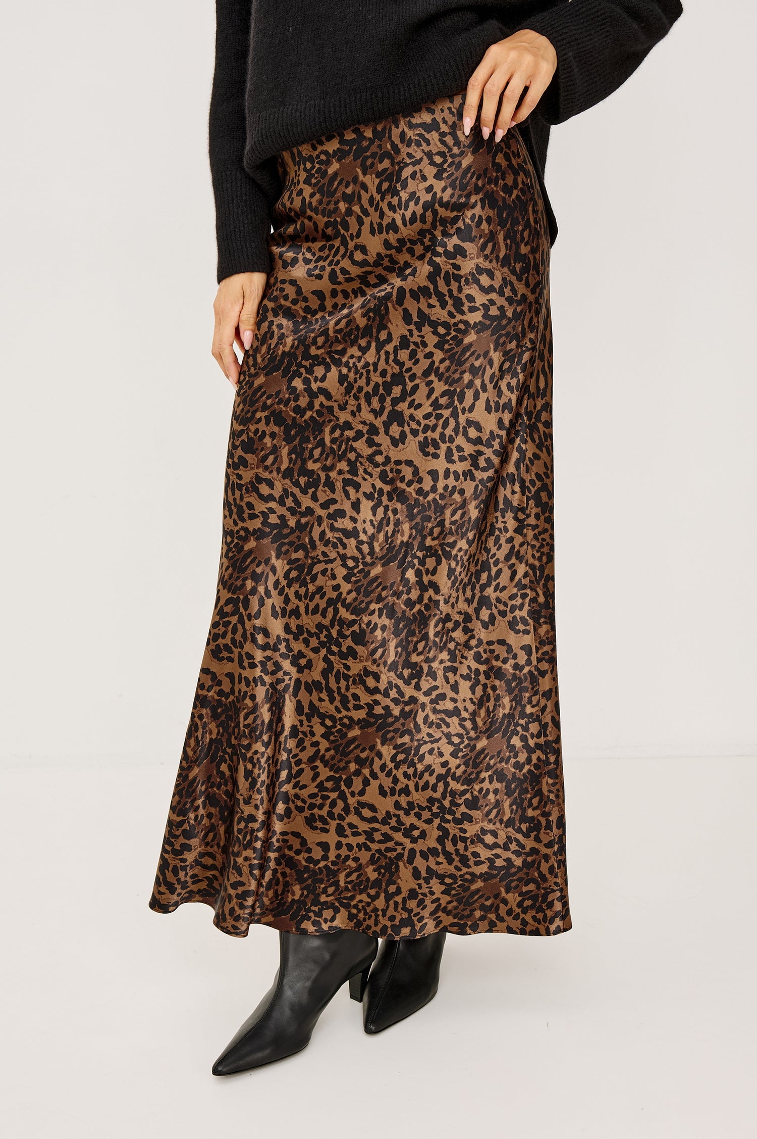 Romina Midi Skirt in Satin Back Crepe With Bias Cut in Ginger Spotted Colorway - Lower Body Front View Featured on Model