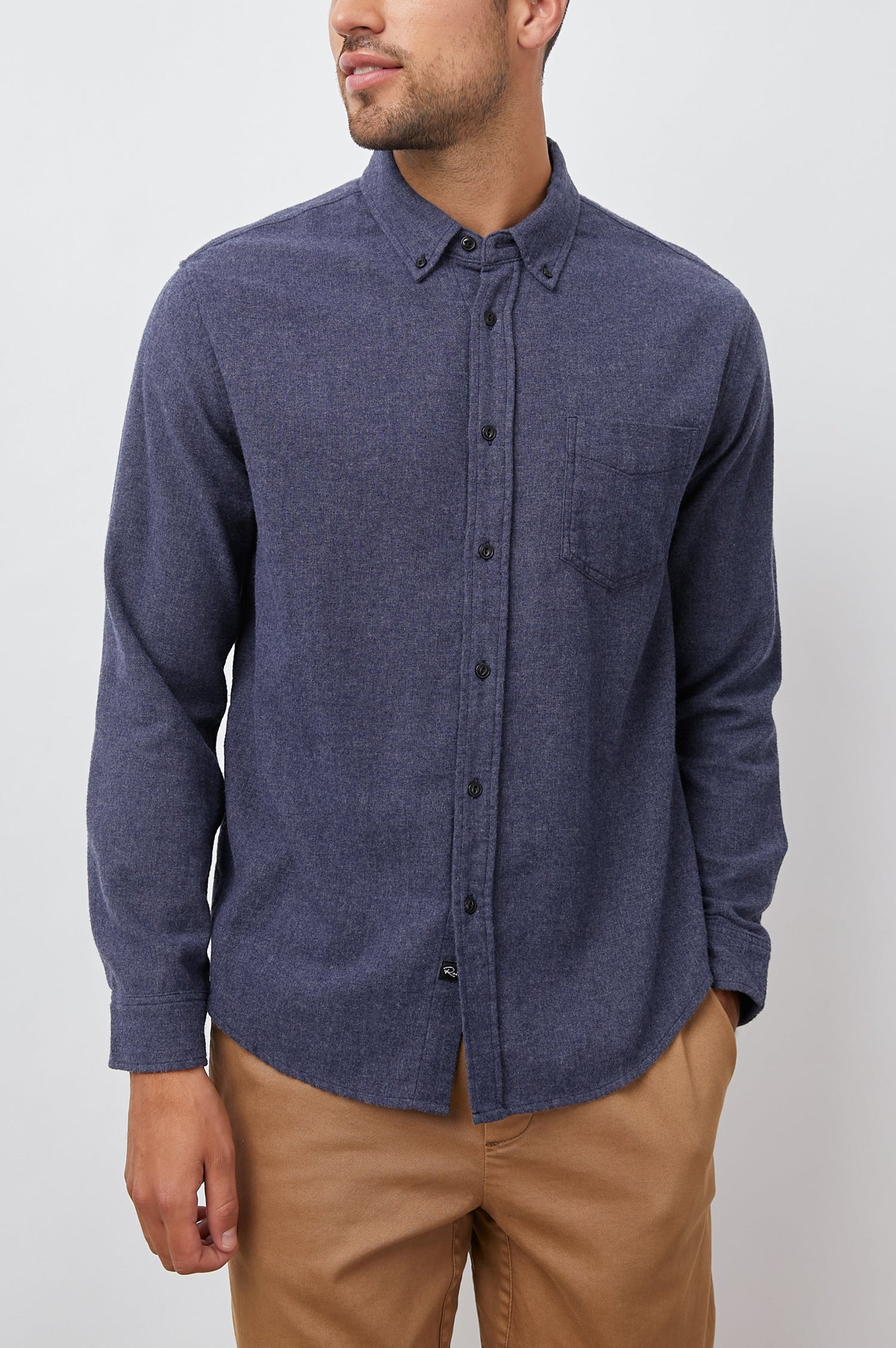 Runson Long-Sleeve Button Down with a Chest Patch Pocket in Heather Blue Colorway - Front View Featured on Model