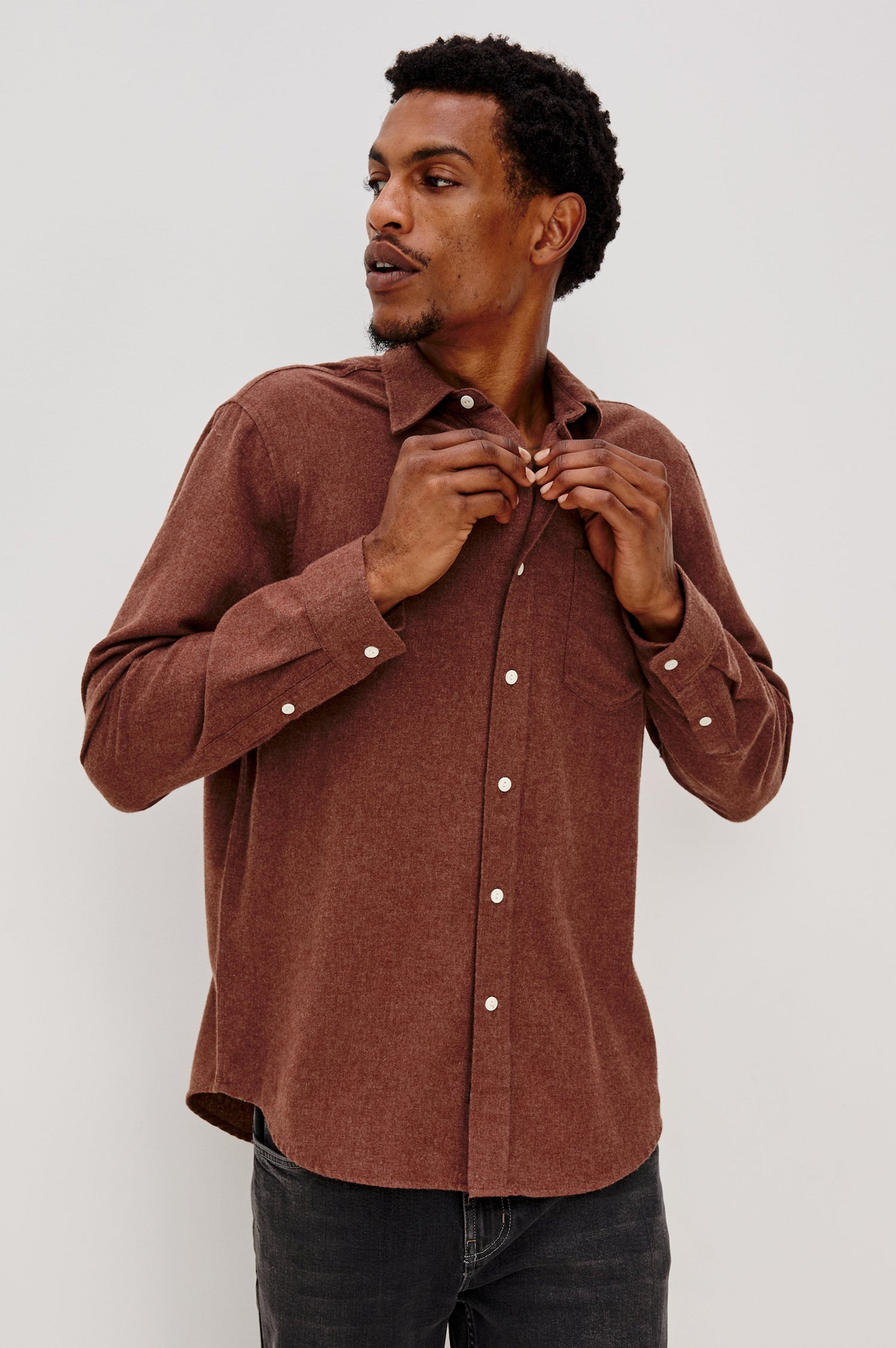 Runson Long-Sleeve Button Down with a Chest Patch Pocket in Mohagany Heather Colorway - Front View Featured on Model