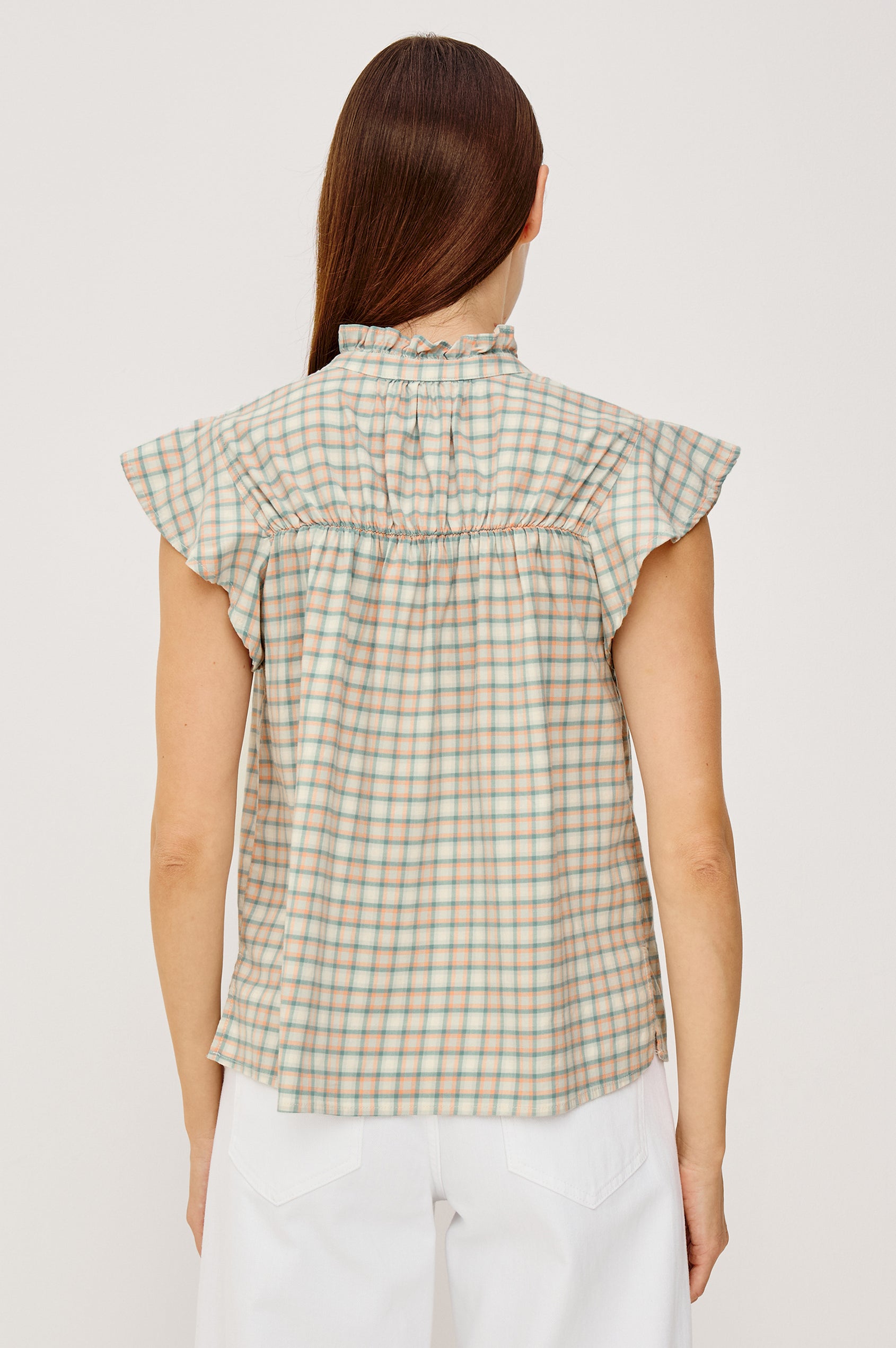 Ruthie Flutter Sleeve High Neck Front Button Ruffle Trim Yoke Detail Top in Julep Mint Check Colorway - Upper Body Back View Featured on Model