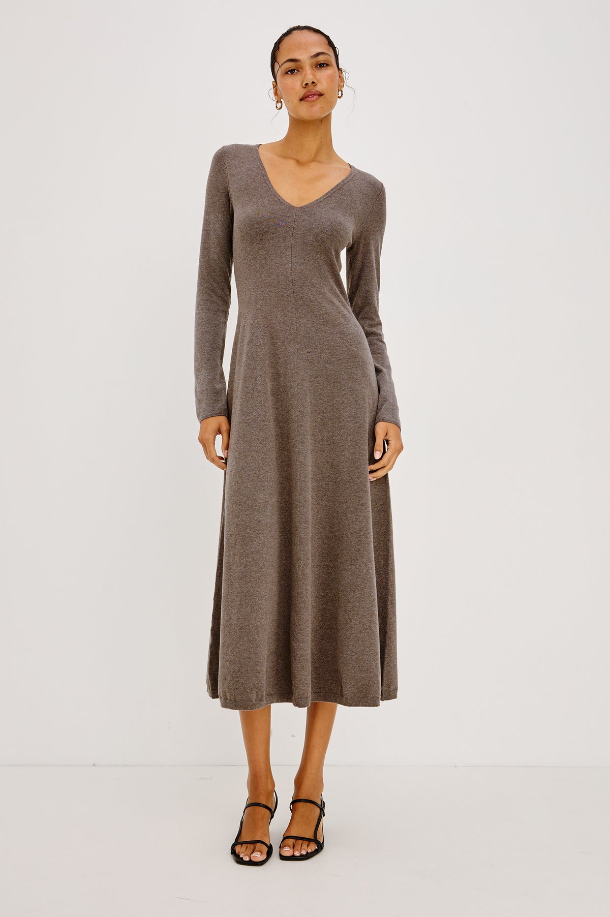 Sabrina Midi Dress in Fine Knit With Fitted Bodice, V-Neckline, Front Seam, and A-line Skirt in Heather Latte - Front Full Body View Featured on Model.