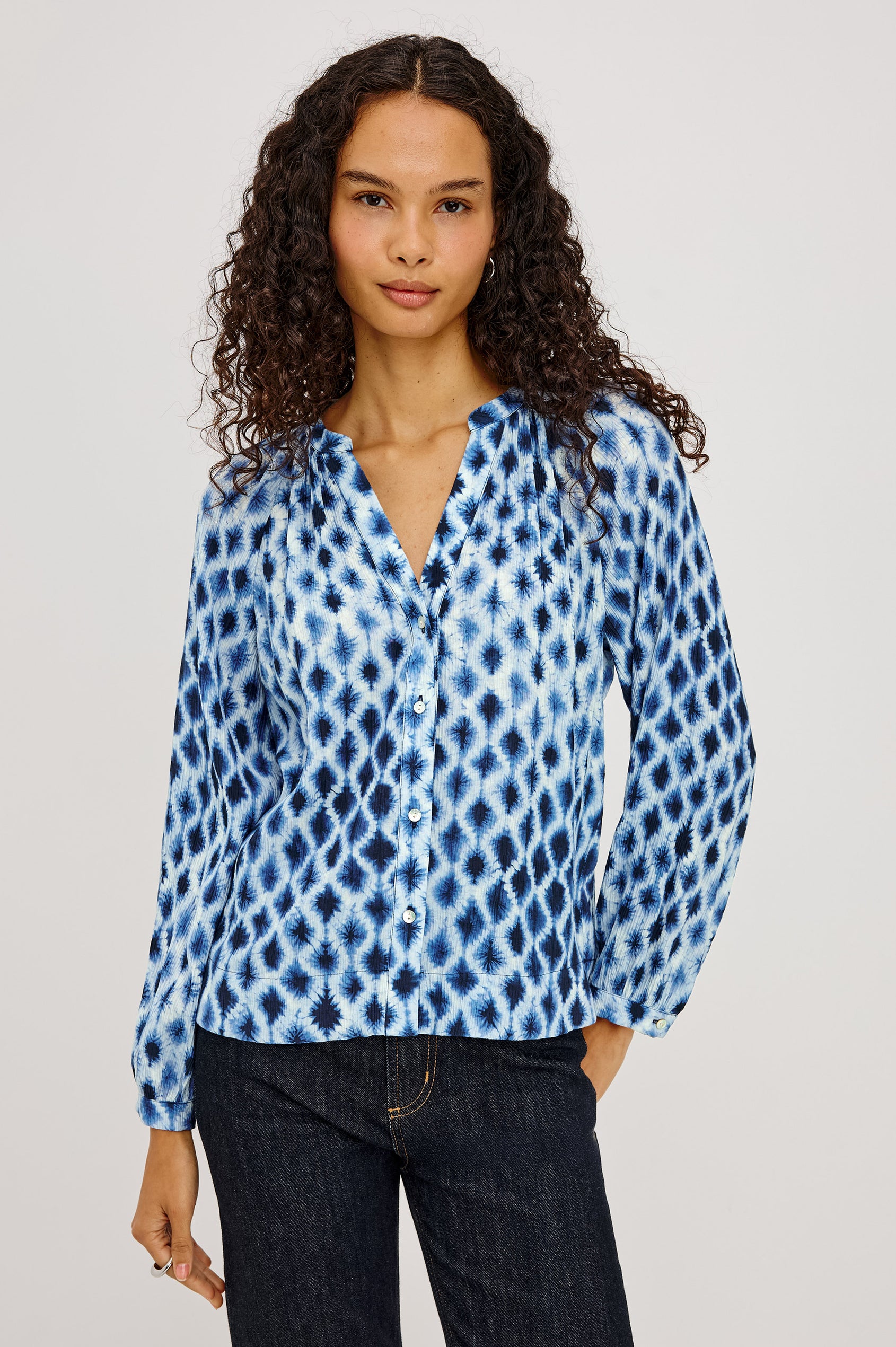 Saint Shirt in Lightweight Crinkle Chiffon With Loose Fit, Split V-Neckline, Button Front, and 3/4-Length Raglan Puff Sleeves in Sapphire Shibori Colorway - Upper Body Front View Featured on Model