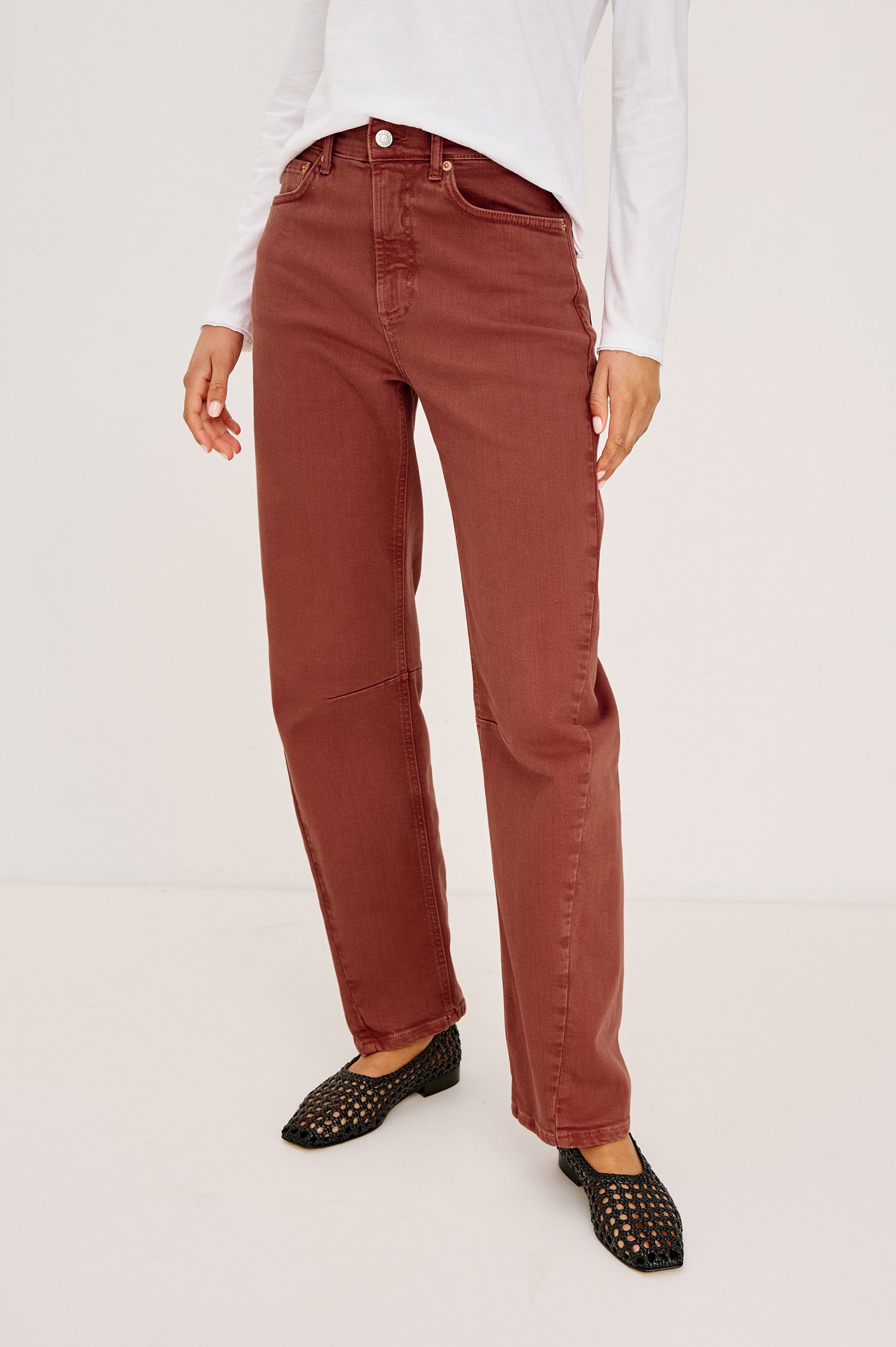 Samo Barrel Leg Jean in Light Stretch Denim With 5-Pockets, Low-Slung Fit, Darted Details, and Front Zip-Fly in Vintage Brick Colorway - Lower Body Front View Featured on Model