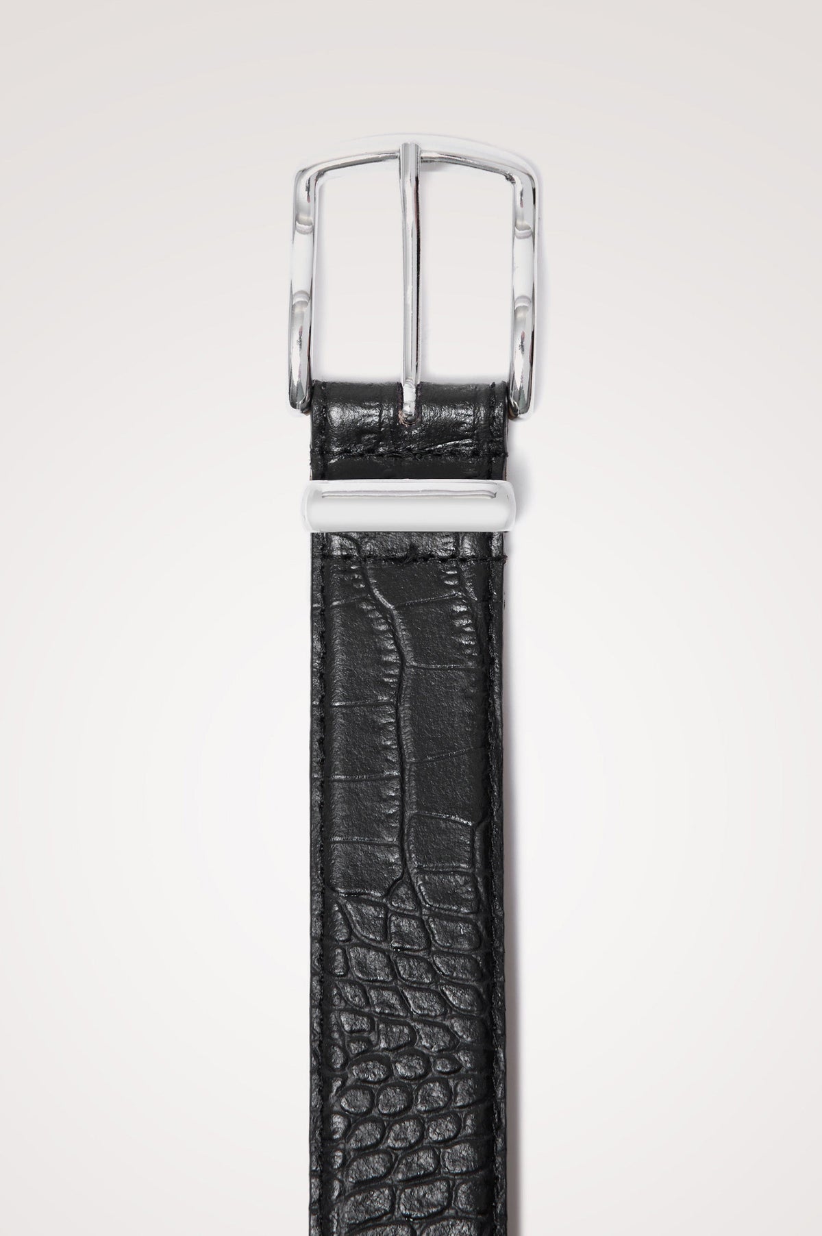 Savona Belt in Croc Embossed Leather With Polished Buckle and Metal Tip in Black Croc Embossed Pewter Colorway - Top Product View Featured
