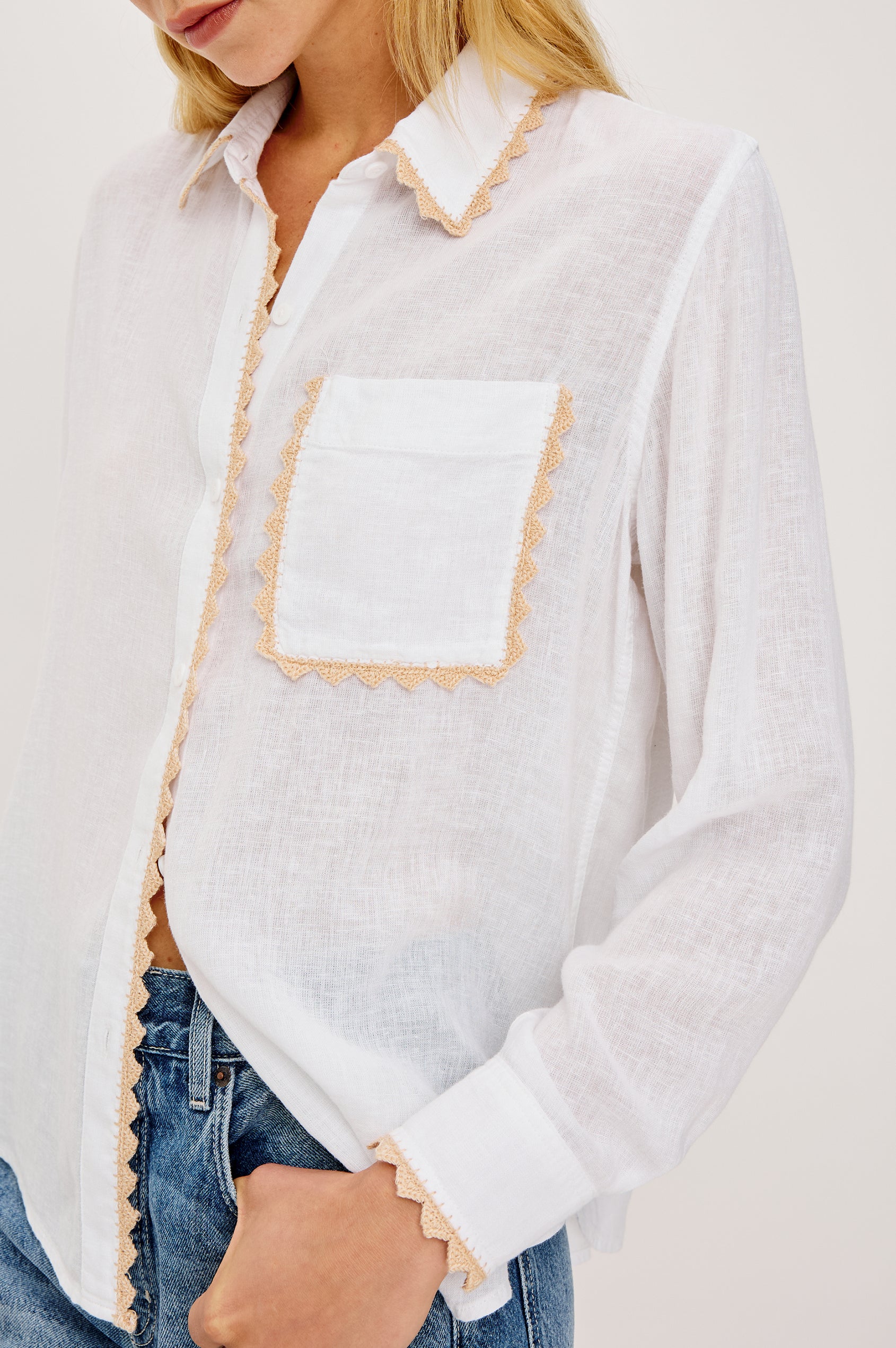 Saya Button-Up Shirt in Luxe Linen With Collar Single Chest Patch Pocket Long Sleeves Relaxed Fit and Crochet Embroidered Detailing in White Colorway - Full Body Front View Featured on Model
