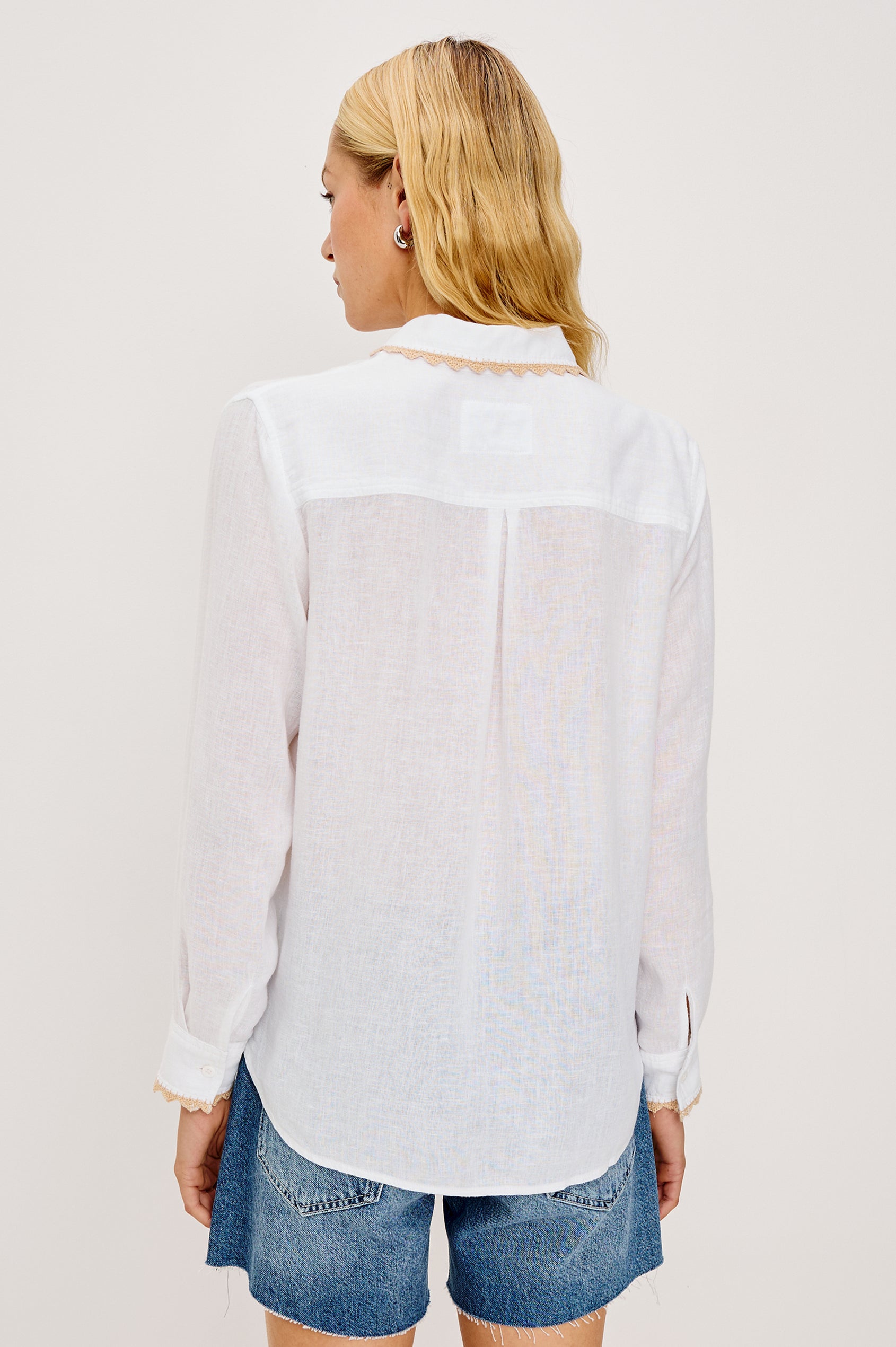 Saya Button-Up Shirt in Luxe Linen With Collar Single Chest Patch Pocket Long Sleeves Relaxed Fit and Crochet Embroidered Detailing in White Colorway - Full Body Back View Featured on Model