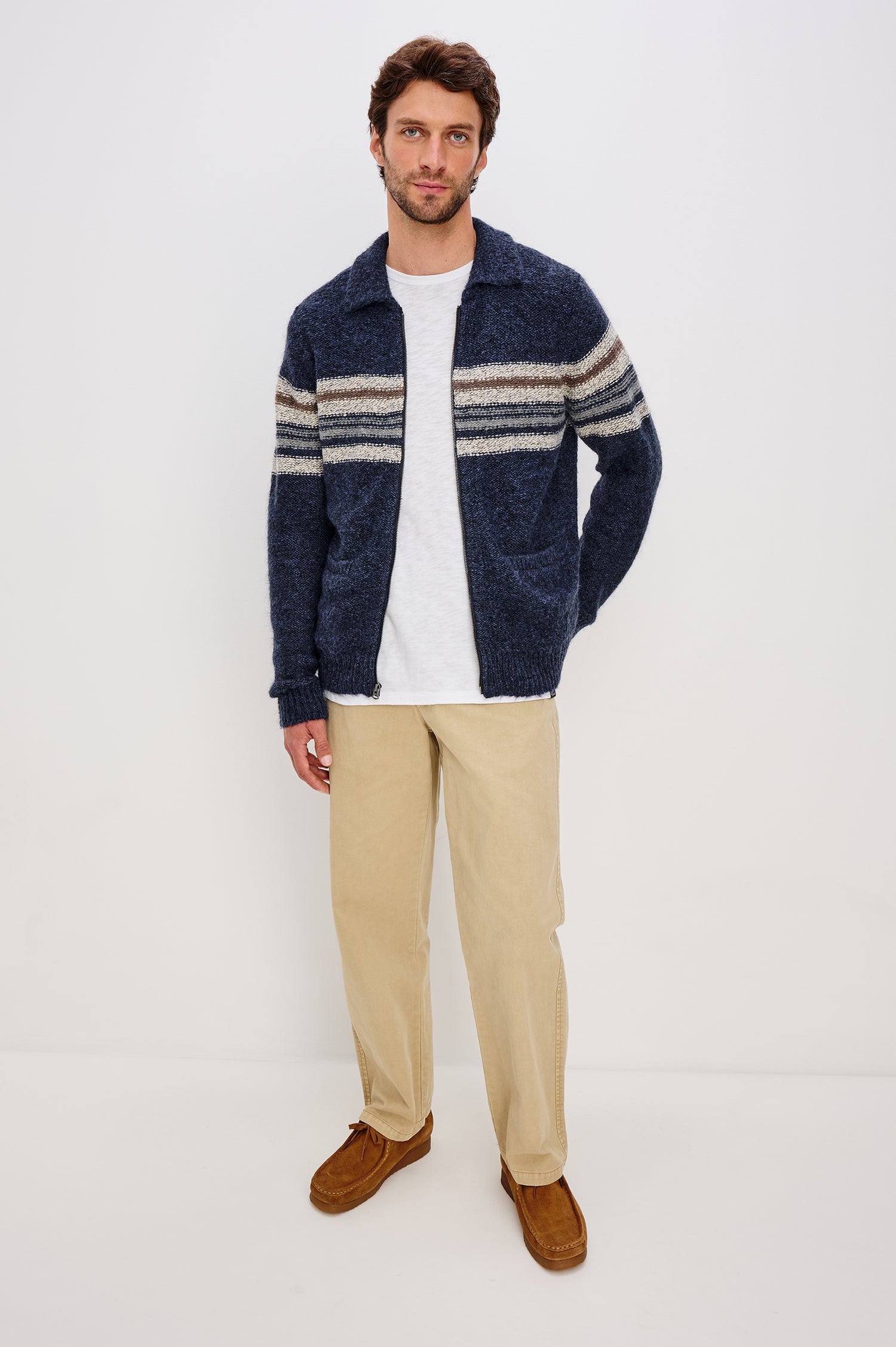 Seldon Cardigan Sweater in Wool Blend With Collar, Zip Front, Long Sleeves, Chest Stripes, and Ribbed Trim in Moon Shadow Colorway - Full Body Front View Featured on Model