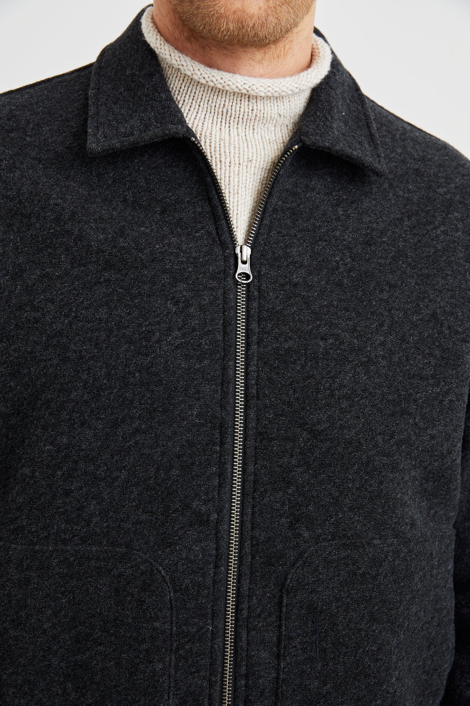 Shael Zip-Up Jacket with Two Front Pockets in Graphite Colorway - Front View Featured on Model