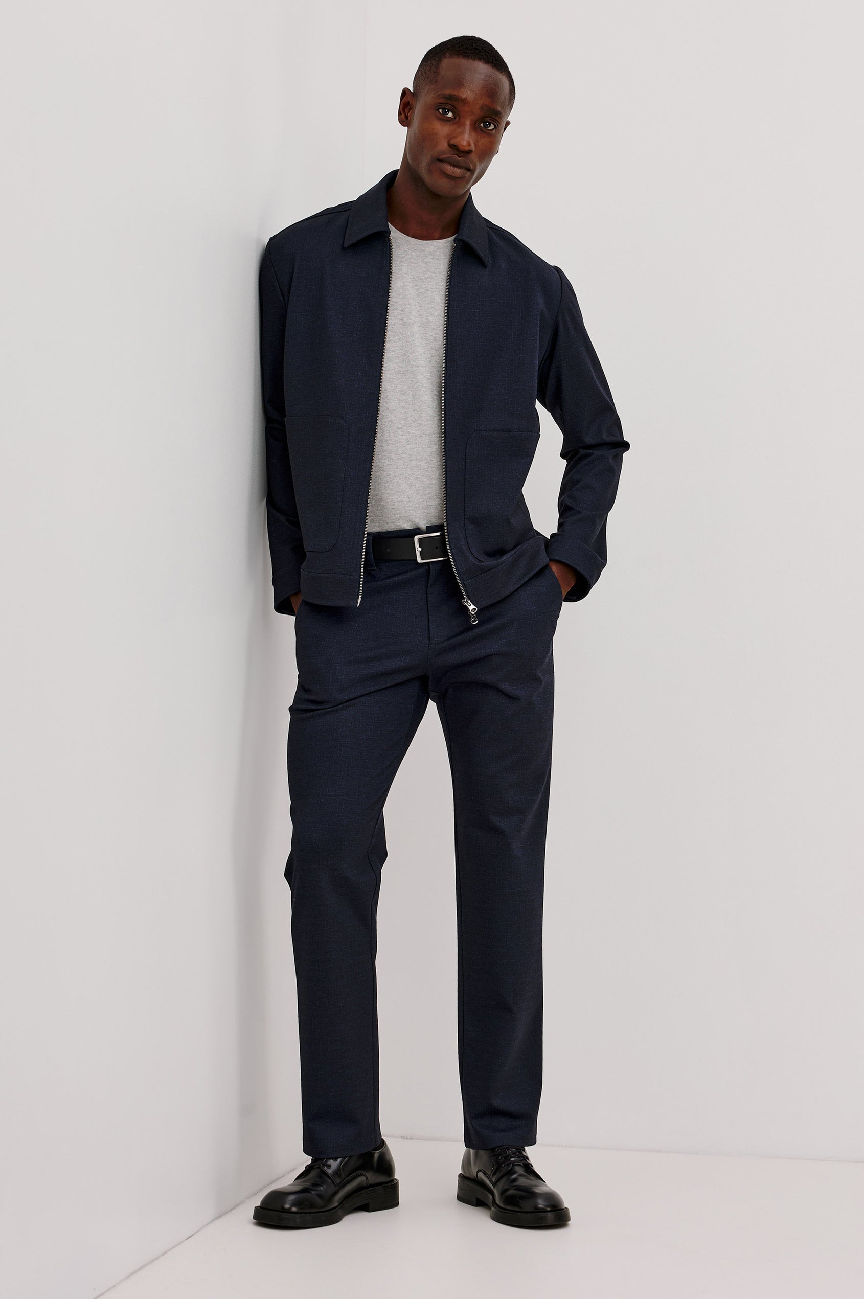 Shael Jacket in Stretch Ponte With Point Collar, Zip Front, and Double Welt Pockets in Navy Colorway - Full Body Front View Featured on Model