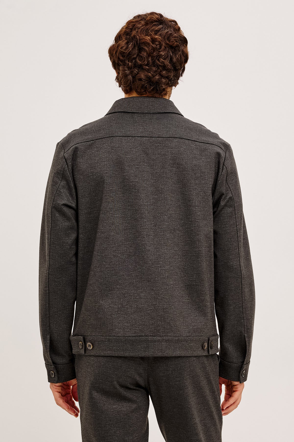 Shael Jacket in Heathered Stretch Ponte With Point Collar, Zip Front, and Double Welt Pockets in Umber Colorway - Upper Body Back View Featured on Model
