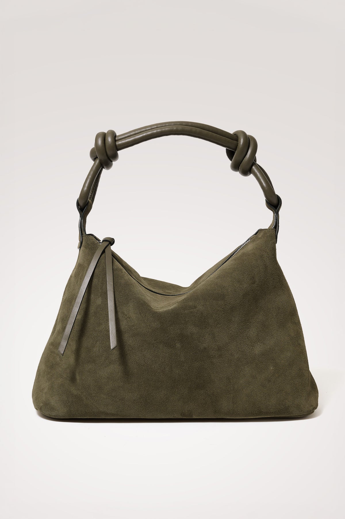 Siena Hobo Bag in Suede With Knotted Top Strap, Zip Closure With Fringe Tassel Pull, Microsuede Lining, Snap-Button Slip Pocket and Foil Logo Stamp at Interior in Olive Suede Colorway -