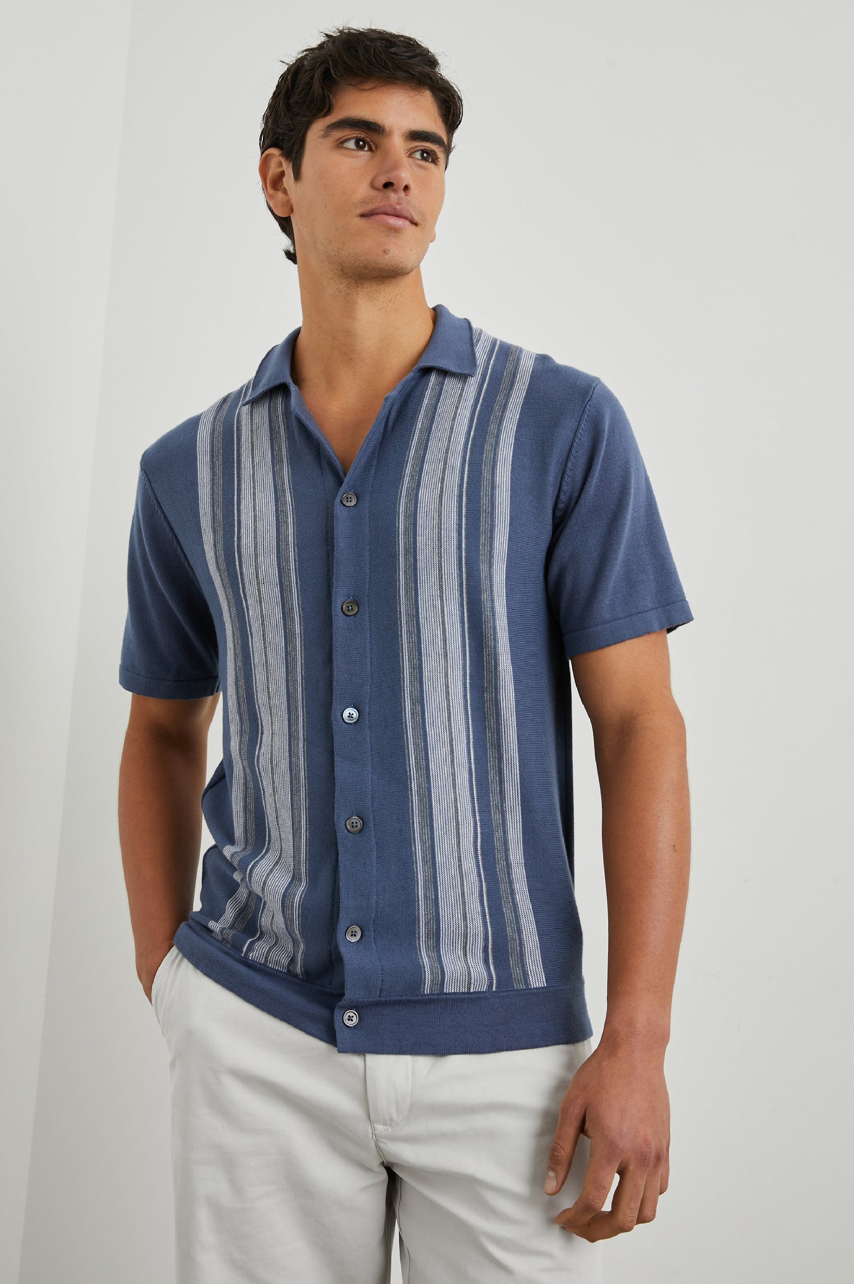 Silas Short-Sleeve Button Up in Marrakesh Blue Multi Colorway, with two front sections of vertical stripes in white and grey - Front View Featured on Model