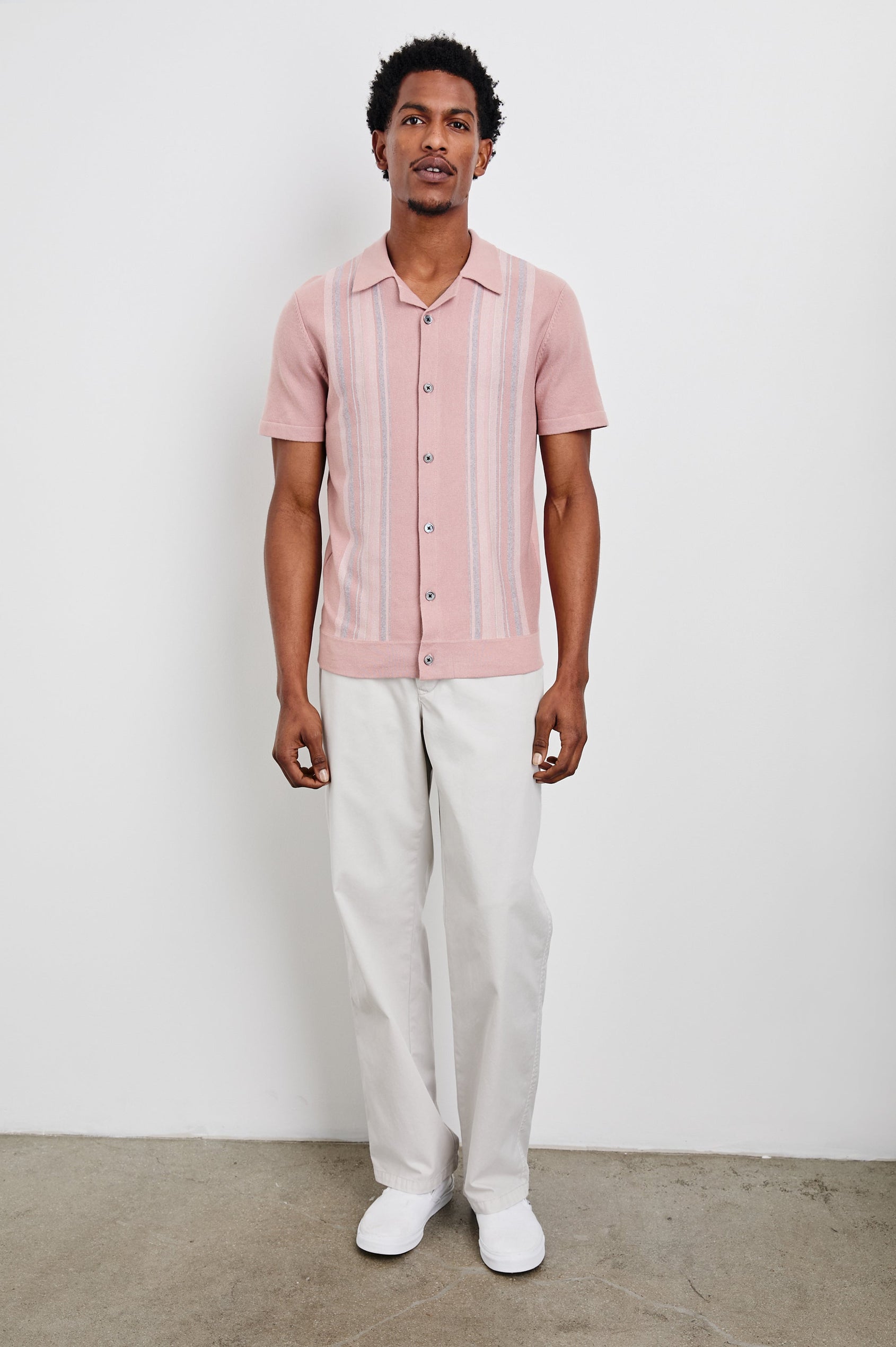 Silas Short-Sleeve Button Up in Rose Multi Colorway, with two front sections of vertical stripes in pinks, creams, and blues - Front Full Body View Featured on Model