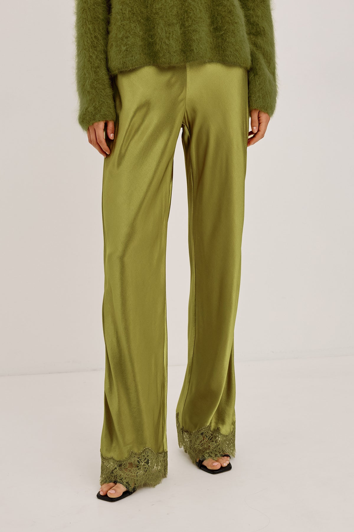 Silvi Pant in Satin-Back Crepe With Straight Legs, Elastic Waist, and Lace Hem in Celery Colorway - Front View Featured on Model.