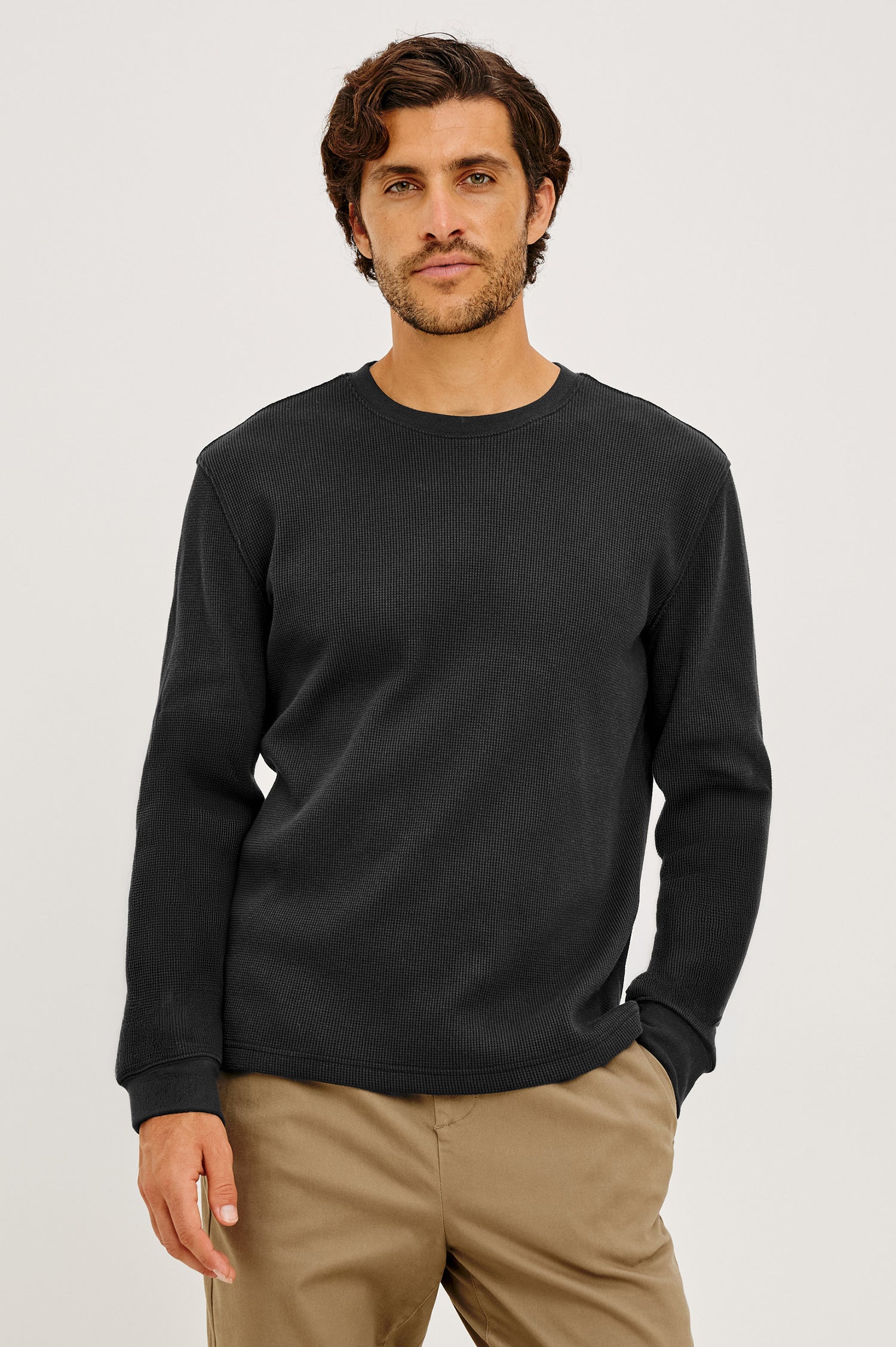 Smith Thermal in Micro-Waflle Cotton Knit With Ribbed Crew Neckline and Cuffs, and Long Sleeves in Onyx Colorway - Upper Body Front View Featured on Model