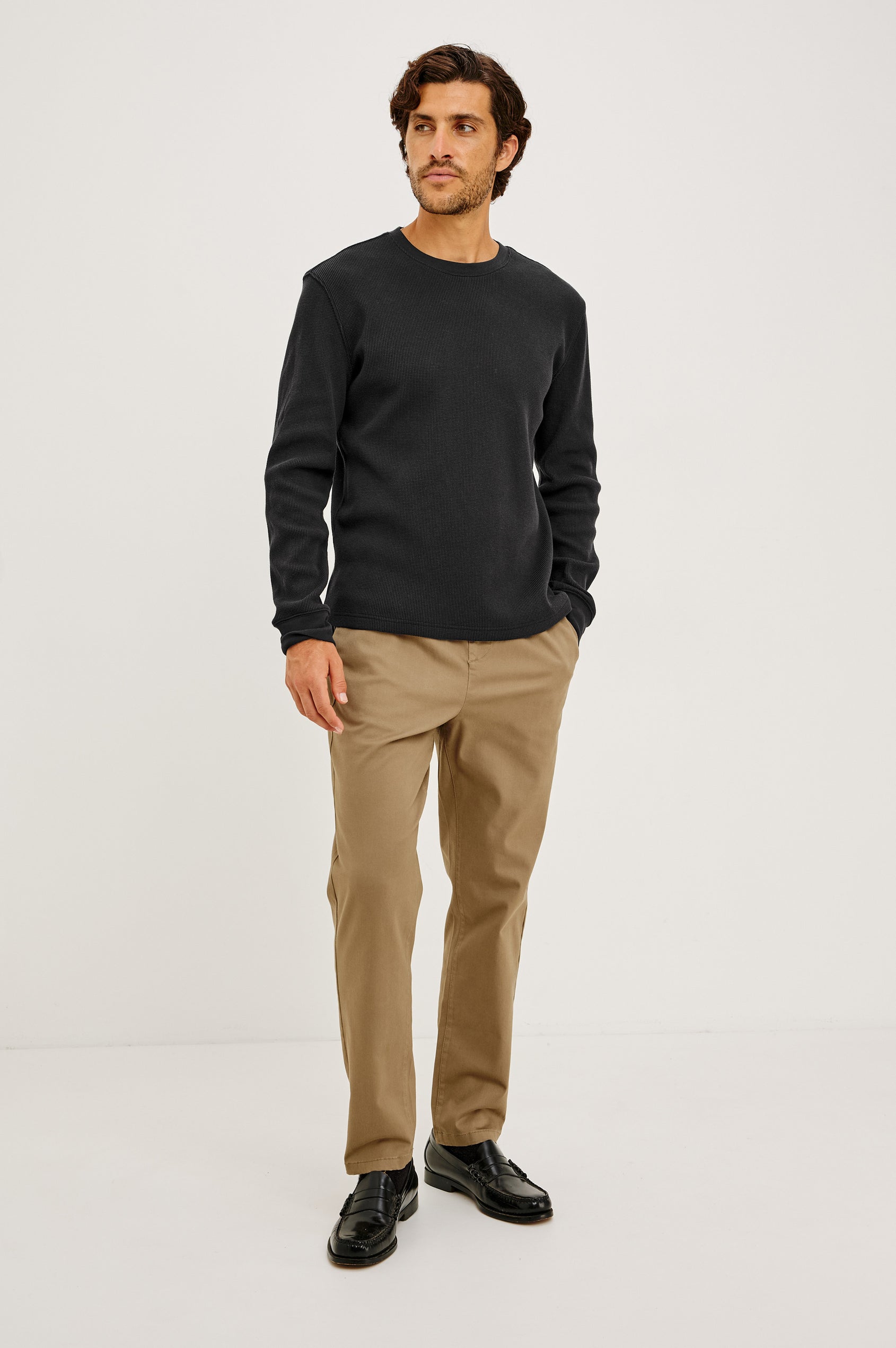 Smith Thermal in Micro-Waflle Cotton Knit With Ribbed Crew Neckline and Cuffs, and Long Sleeves in Onyx Colorway - Full Body Front View Featured on Model