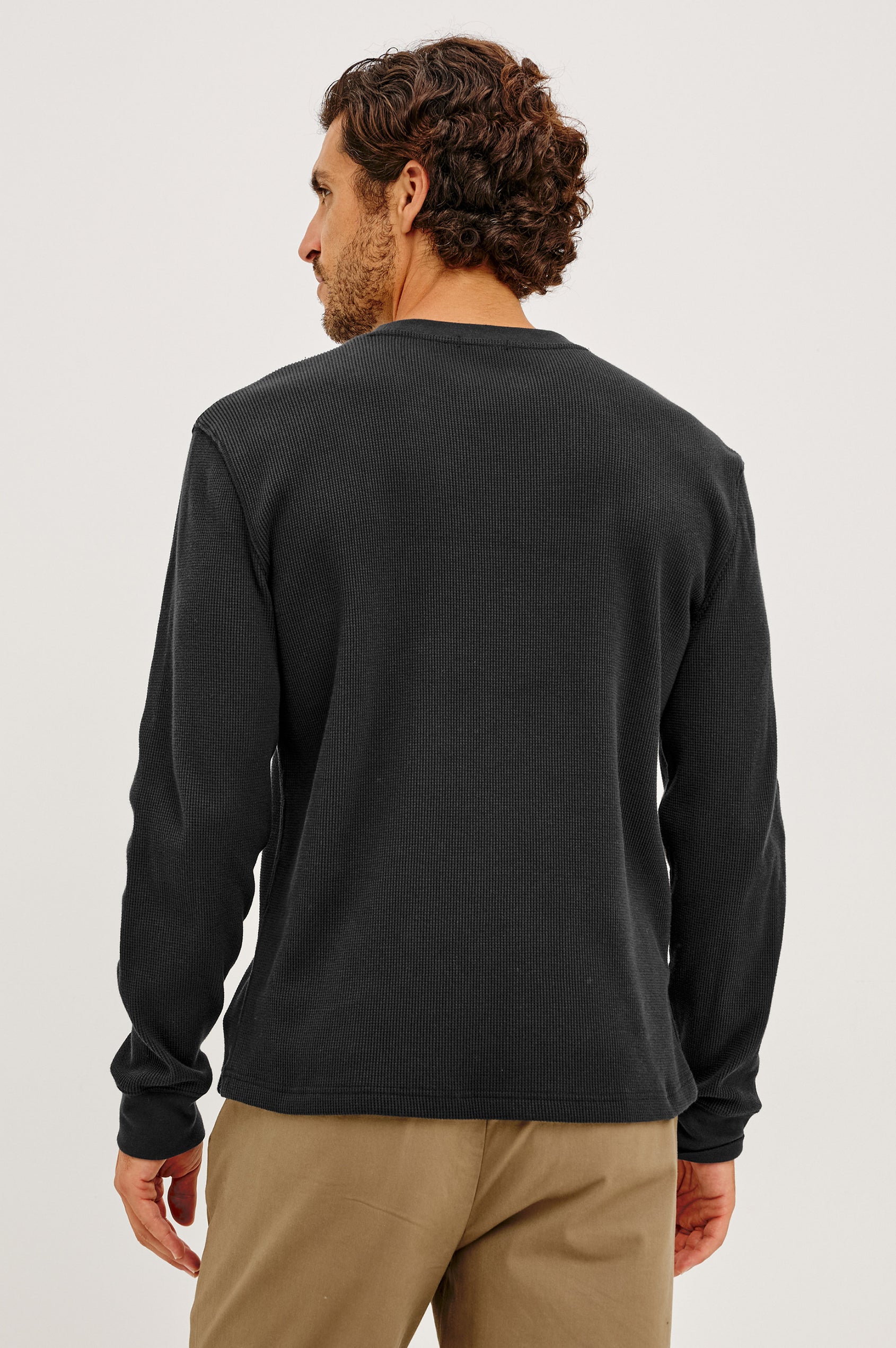 Smith Thermal in Micro-Waflle Cotton Knit With Ribbed Crew Neckline and Cuffs, and Long Sleeves in Onyx Colorway - Upper Body Back View Featured on Model