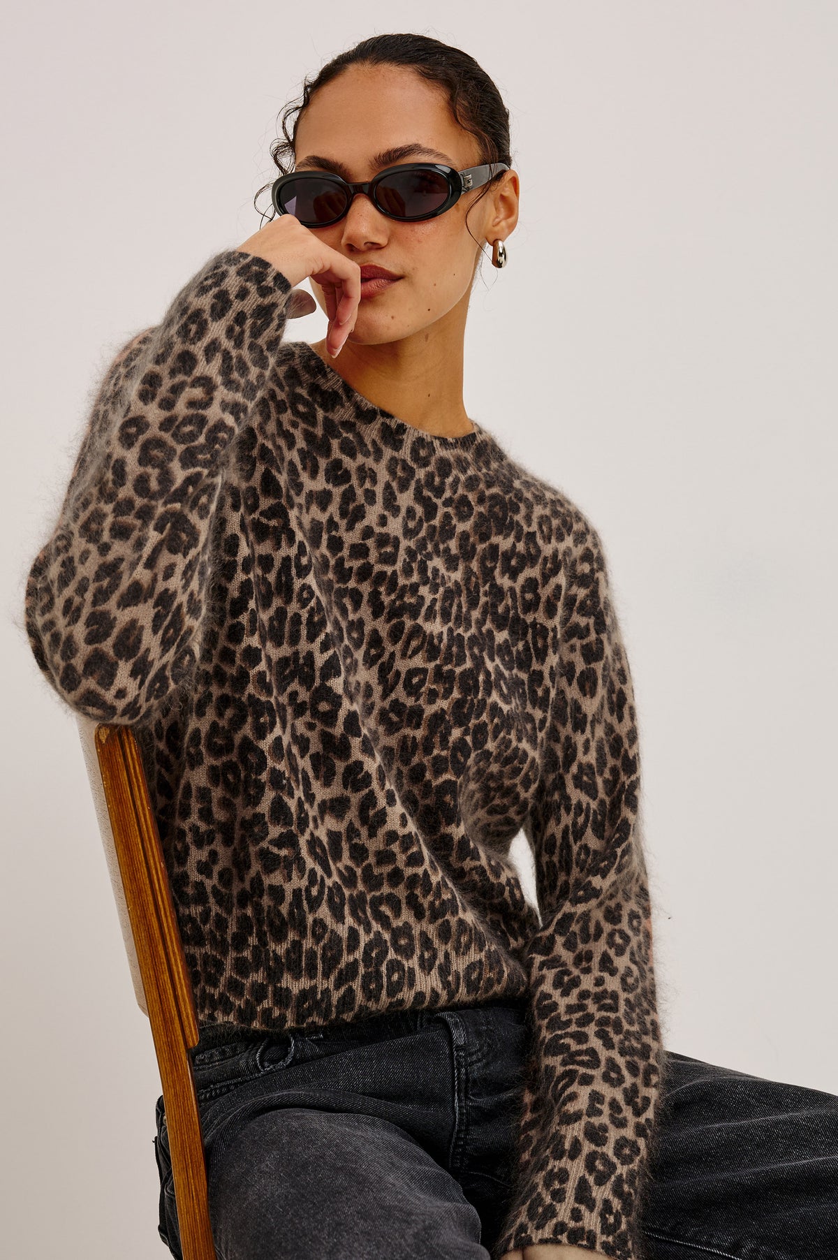 Sofia Sweater in Soft Brushed Wool Blend Knit With Relaxed Fit, Crew Neck, Long Sleeves, and Ribbed Trim in Brown Nala Colorway - Upper Body Front View Featured on Model
