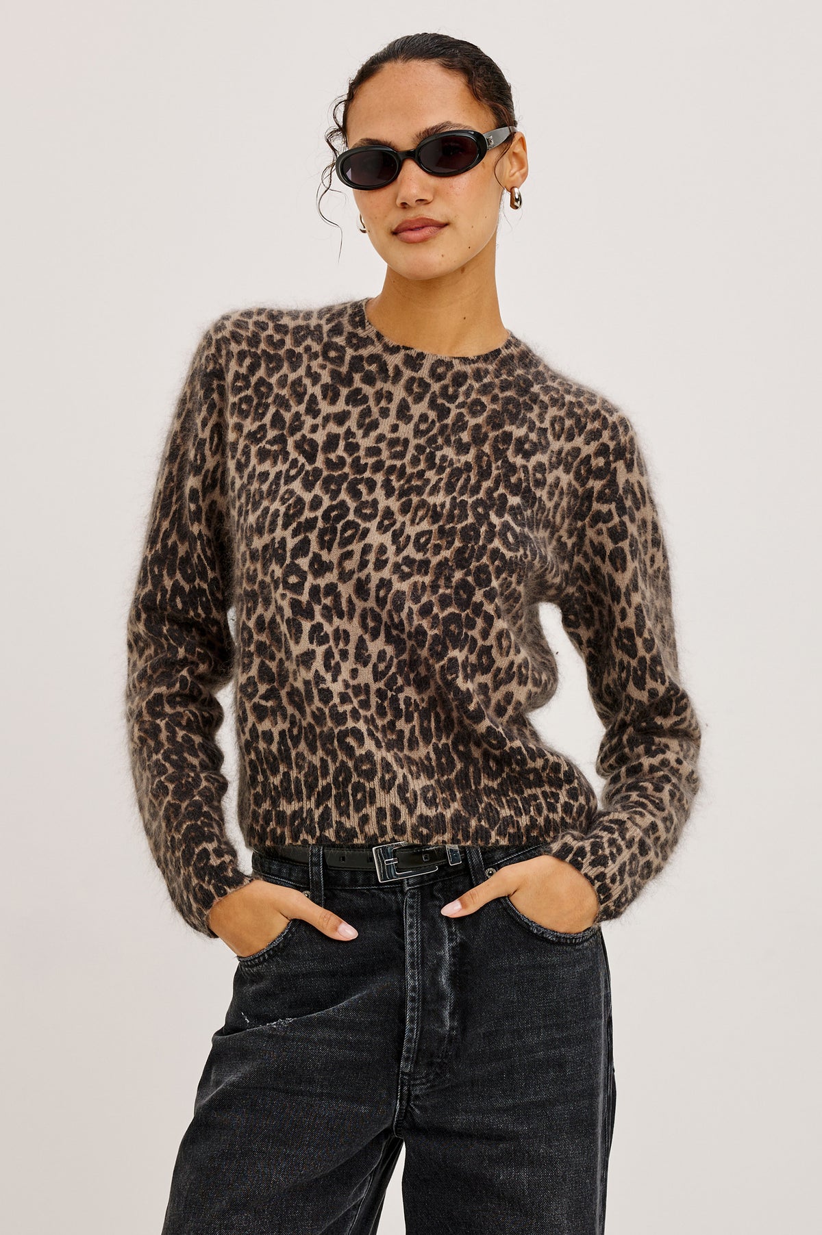Sofia Sweater in Soft Brushed Wool Blend Knit With Relaxed Fit, Crew Neck, Long Sleeves, and Ribbed Trim in Brown Nala Colorway - Upper Body Front View Featured on Model