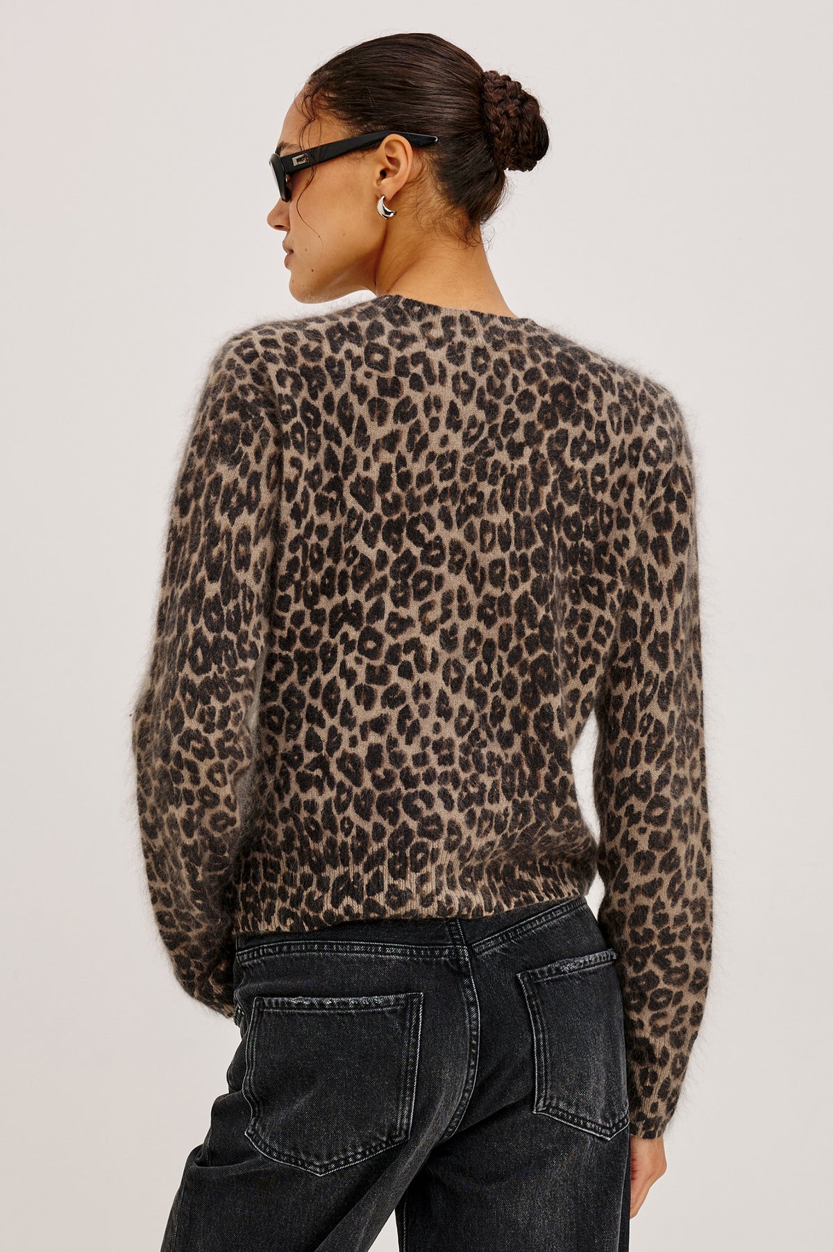 Sofia Sweater in Soft Brushed Wool Blend Knit With Relaxed Fit, Crew Neck, Long Sleeves, and Ribbed Trim in Brown Nala Colorway - Upper Body Back View Featured on Model
