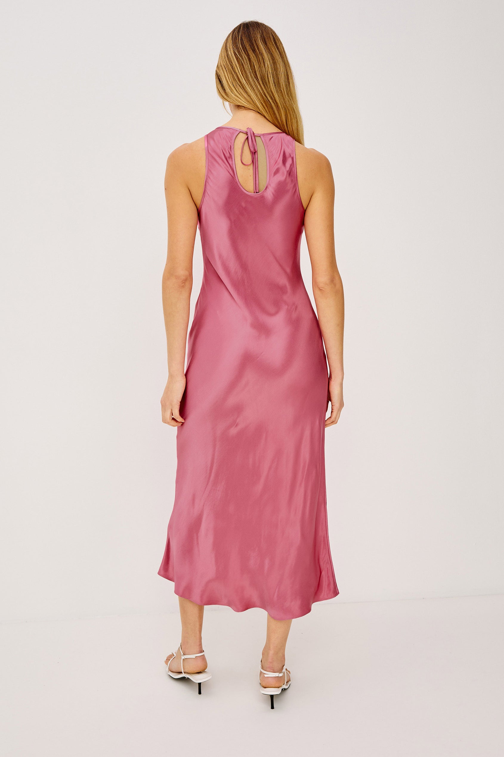 Solene Midi Dress in Satin Crepe With High Neckline, Bias Cut, and Back Keyhole Cutout With Ties in Dark Rose Colorway - Full Body Back View Featured on Model