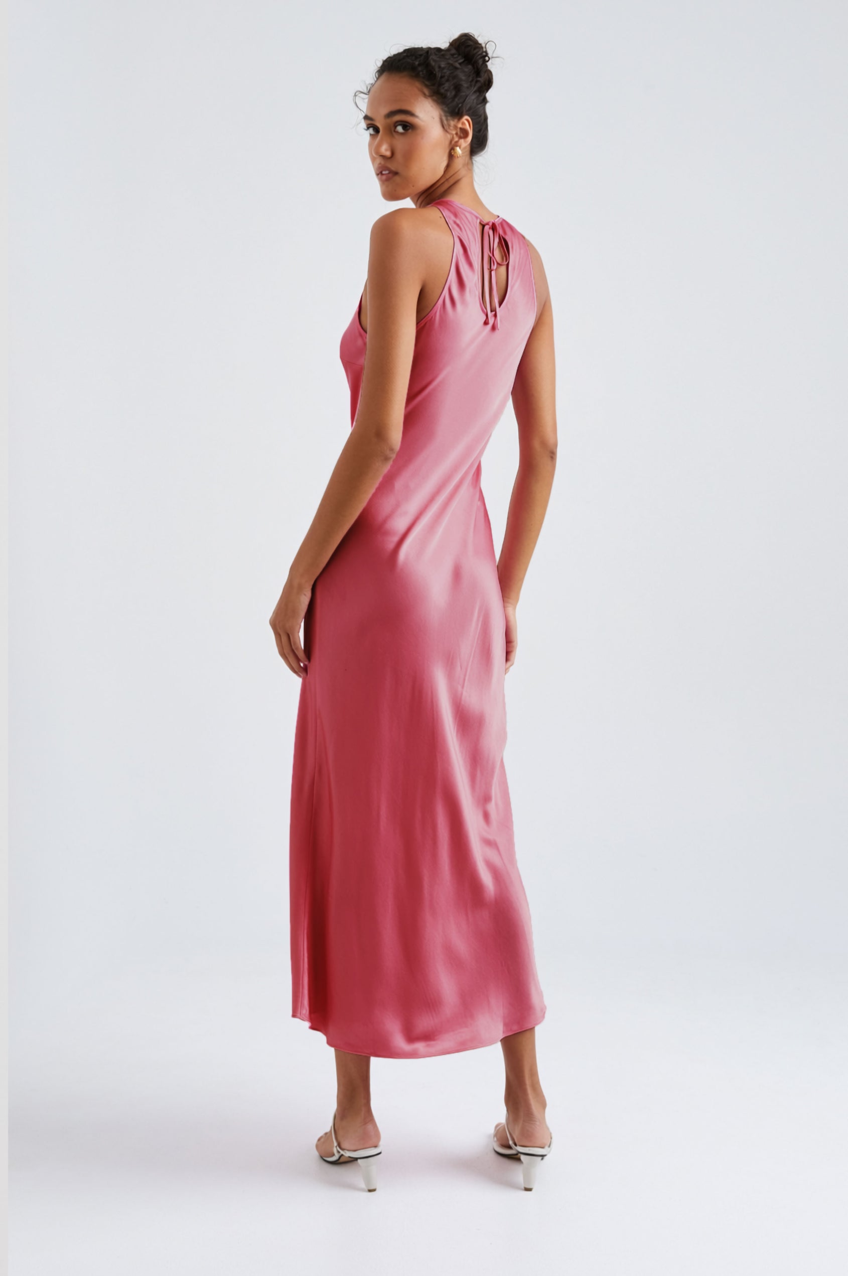 Solene Sleeveless Midi Dress with a Crew Neck and a Tie Keyhole at the Back in Dark Rose Colorway - Back Full Body View Featured on Model