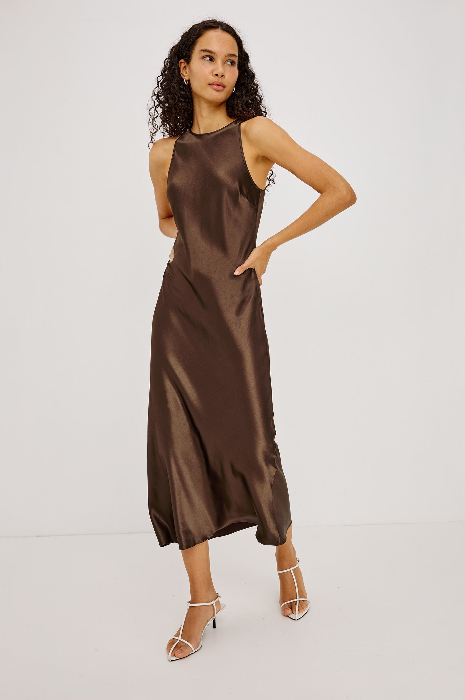 Solene Midi Dress in Satin-Back Crepe With Jewel Neck, and Back Keyhole With Self-Tie in Espresso Colorway - Full Body Front View Featured on Model