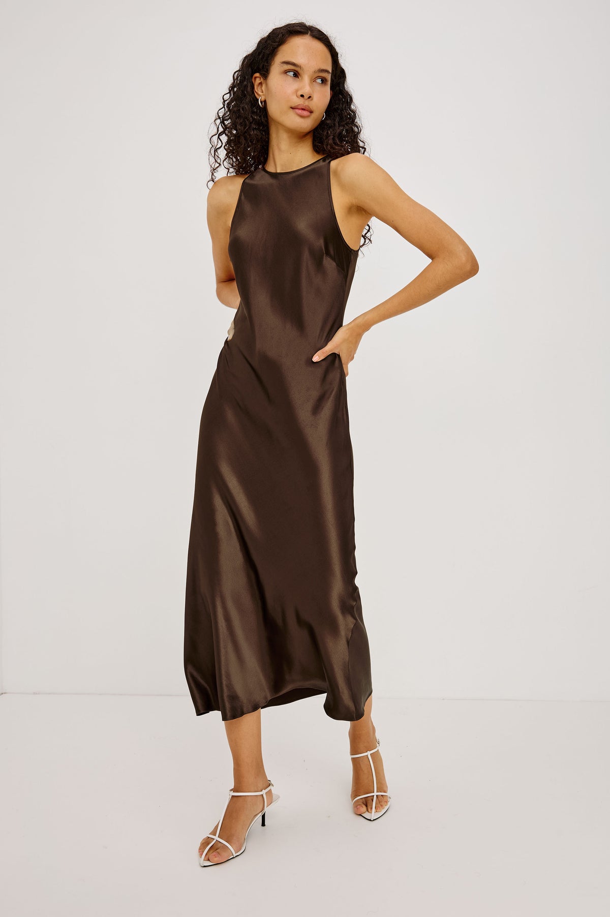 Solene Midi Dress in Satin-Back Crepe With Jewel Neck, and Back Keyhole With Self-Tie in Espresso Colorway - Full Body Front View Featured on Model