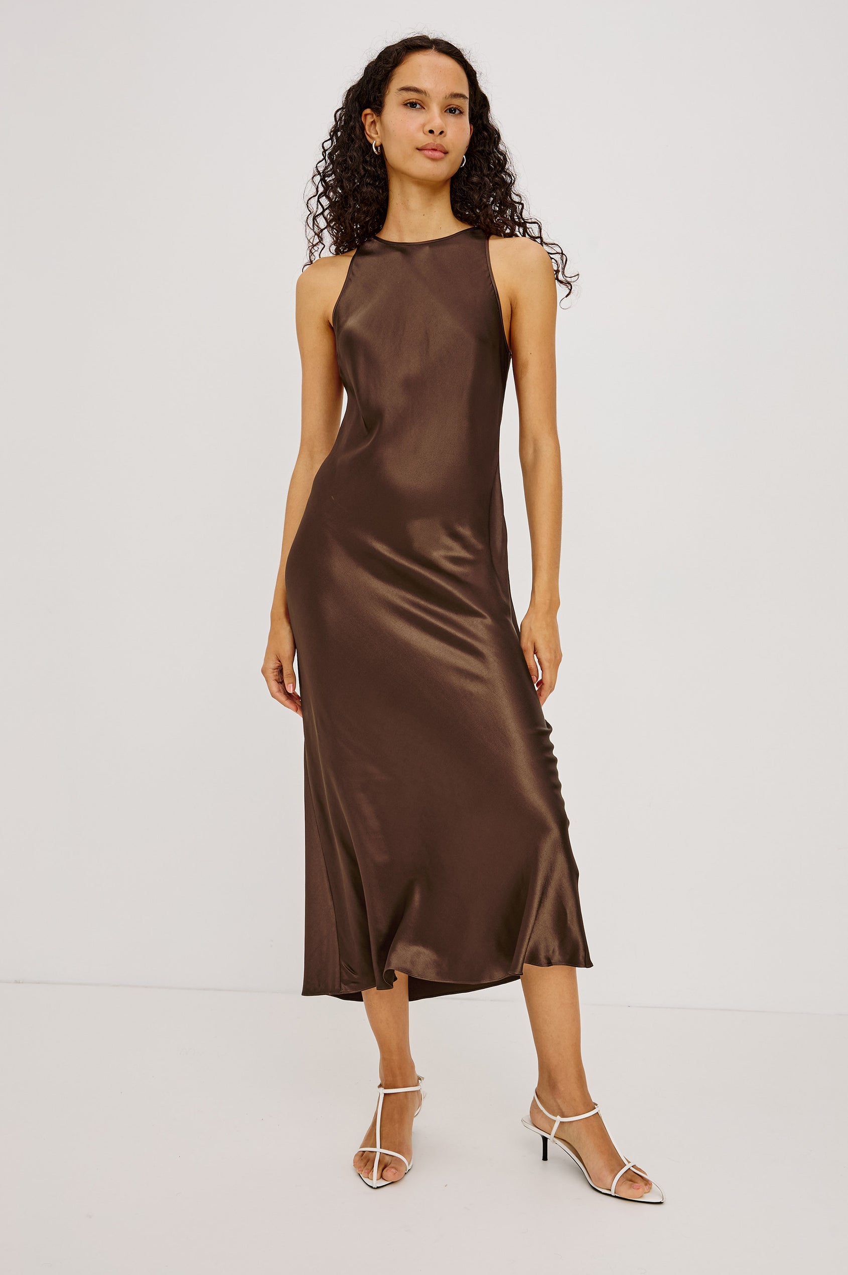 Solene Midi Dress in Satin-Back Crepe With Jewel Neck, and Back Keyhole With Self-Tie in Espresso Colorway - Full Body Front View Featured on Model