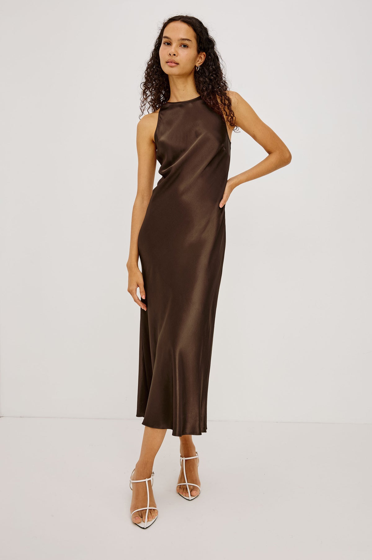 Solene Midi Dress in Satin-Back Crepe With Jewel Neck, and Back Keyhole With Self-Tie in Espresso Colorway - Full Body Front View Featured on Model