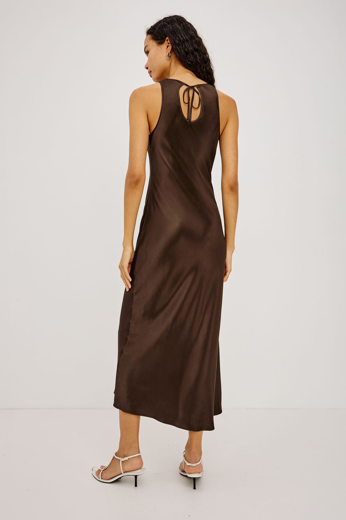 Solene Midi Dress in Satin-Back Crepe With Jewel Neck, and Back Keyhole With Self-Tie in Espresso Colorway - Full Body Back View Featured on Model