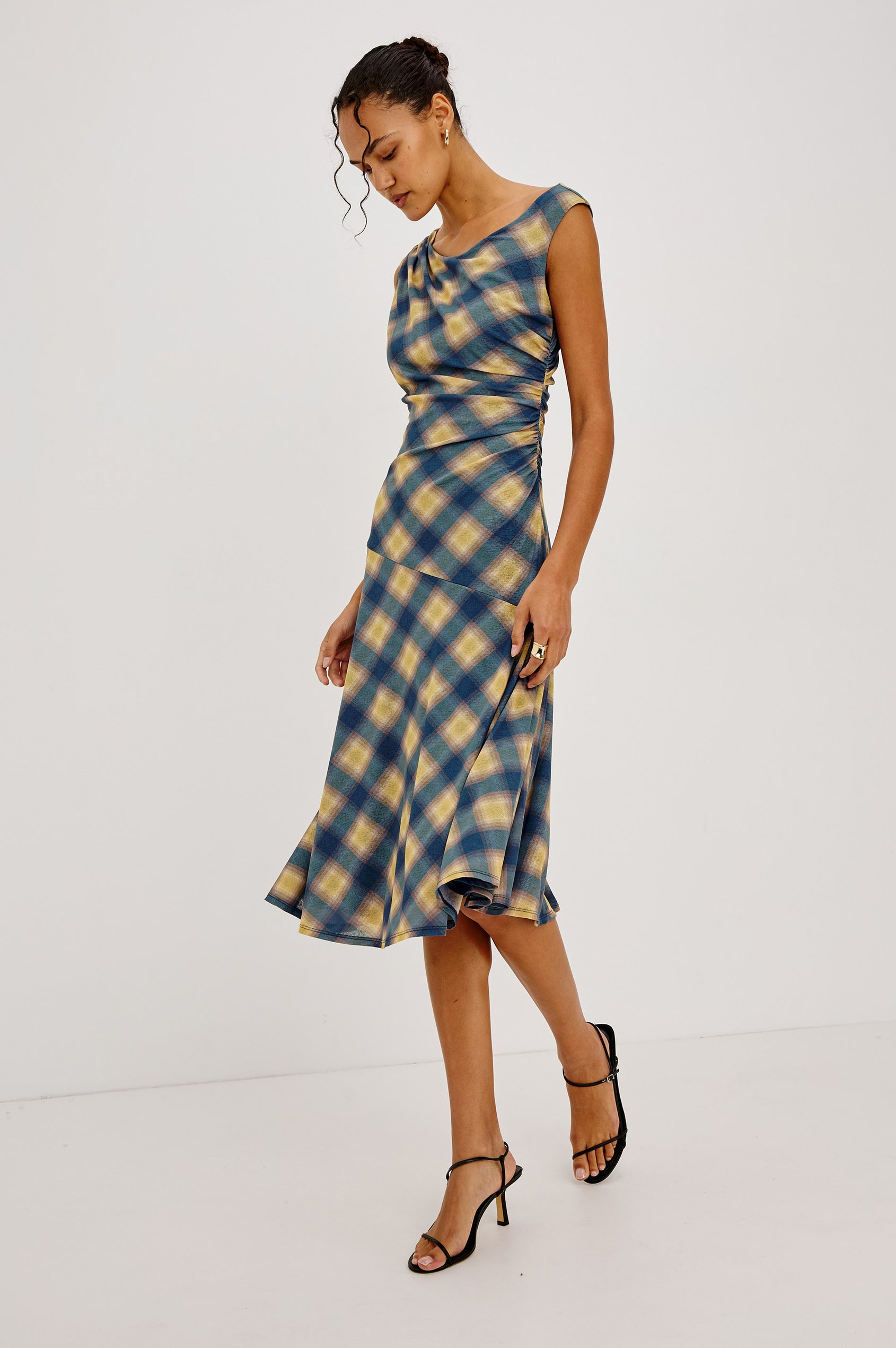 Sorra Midi Dress in Self-Lined Mesh With Asymmetrrical Neckline, Shirred Shoulder Strap, Side Waist Ruching, Bias-Cut Skirt in Navy Sage Plaid Colorway - Upper Body Front View Featured on Model