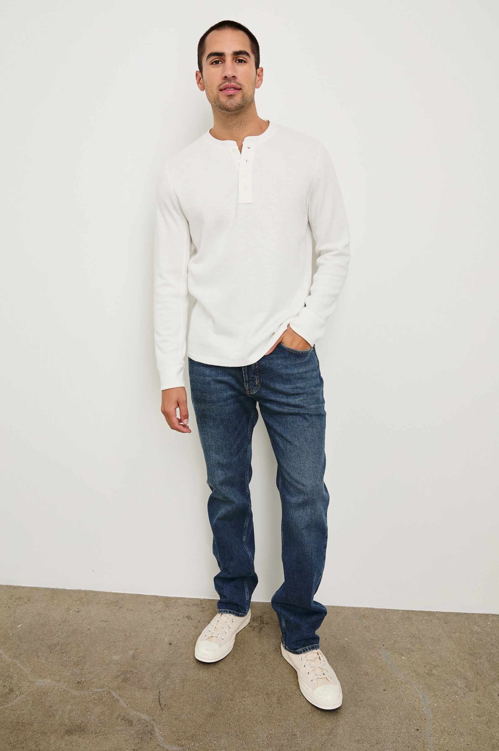 Soto long sleeve henley with front button half placket in Whitecap - full body front view on model