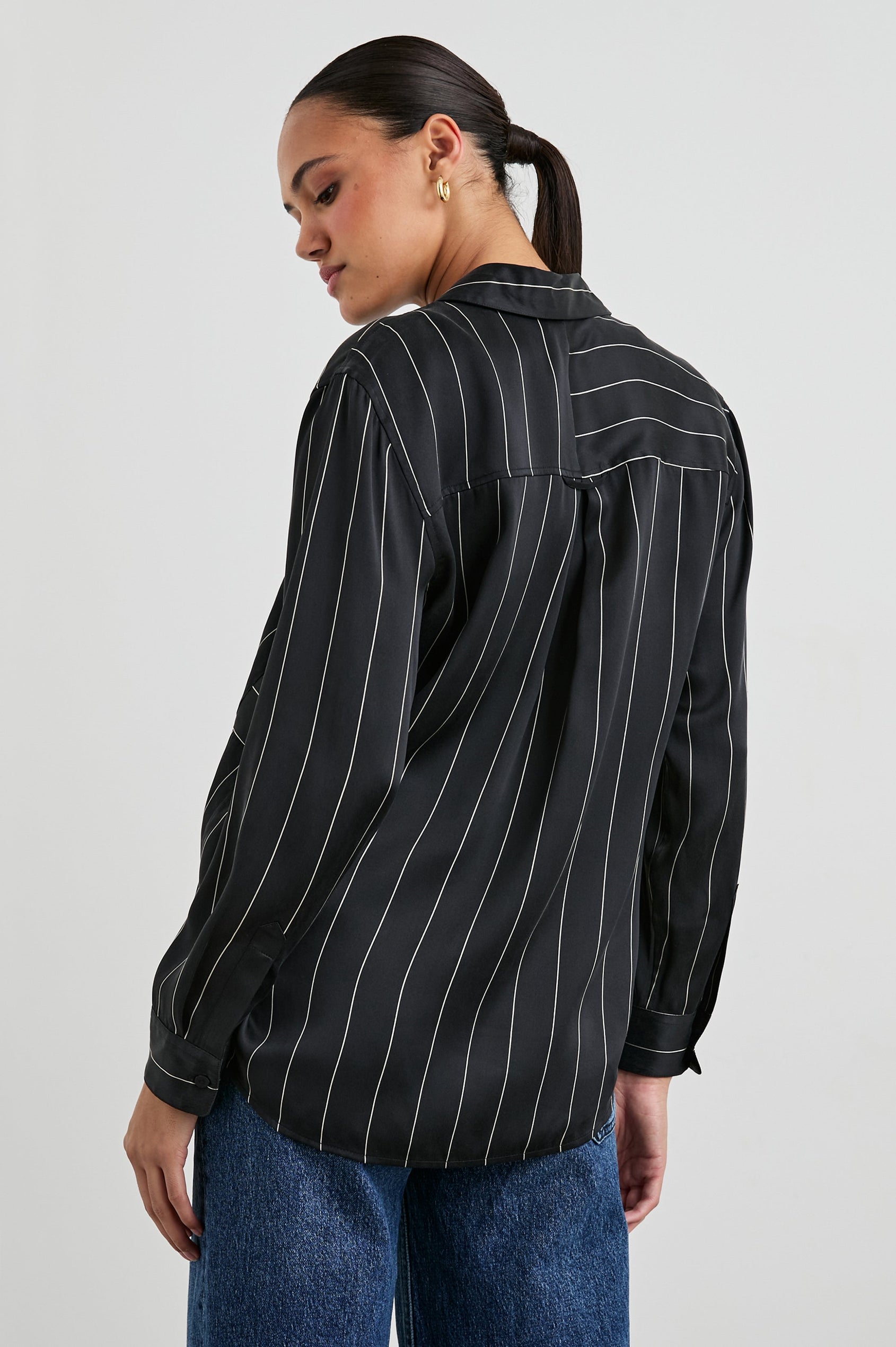 Spencer Long-Sleeve Button Up with Chest Patch Pocket in Ink Stripe Colorway, Thin White mixed vertical and horizontal stripes on Black - Back View Featured on Model