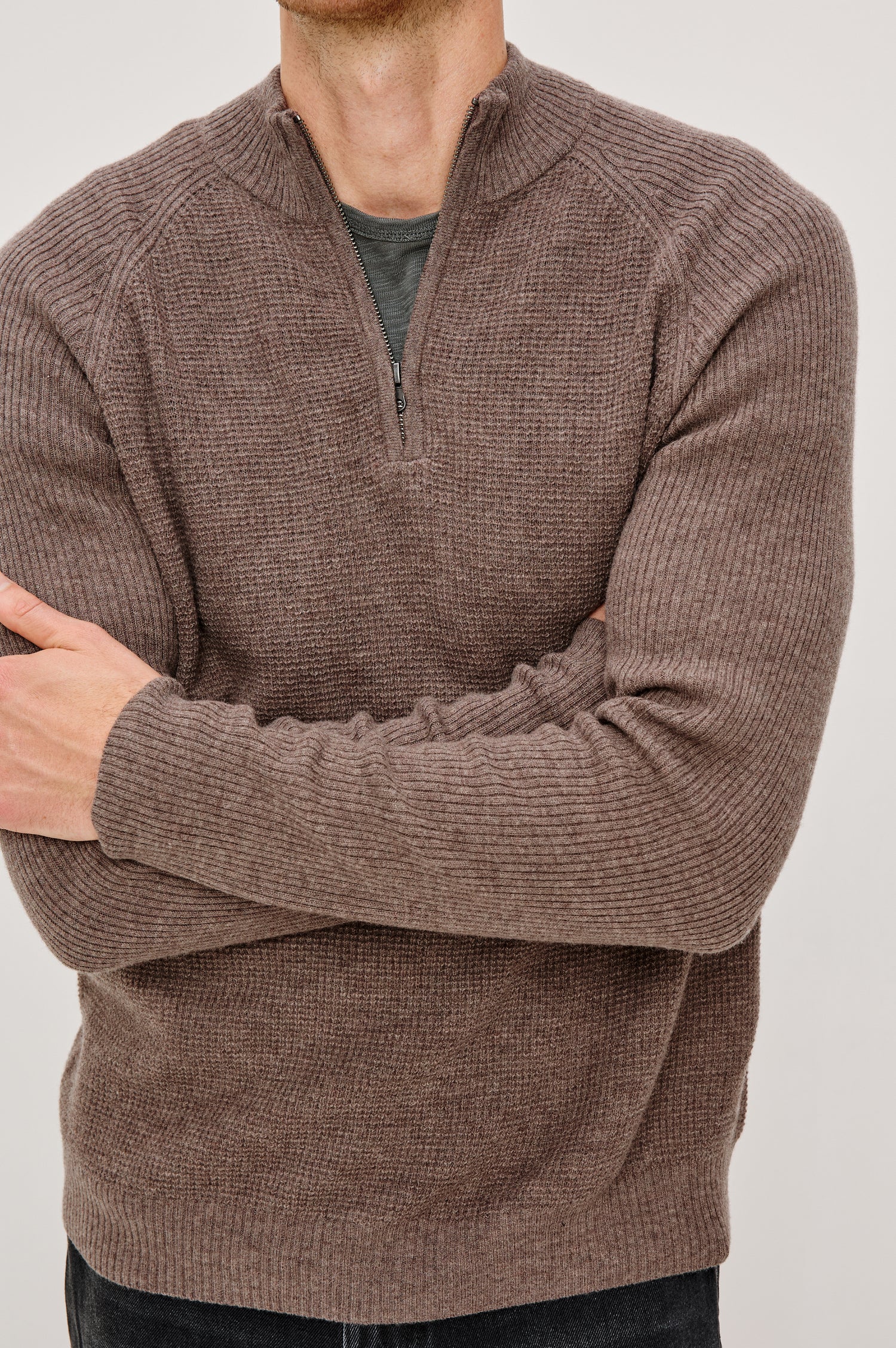 Stark long-sleeve quarter zip features a mock neck, waffle torso, and ribbed sleeves in Brown Melange colorway. Front detail View Featured on Model
