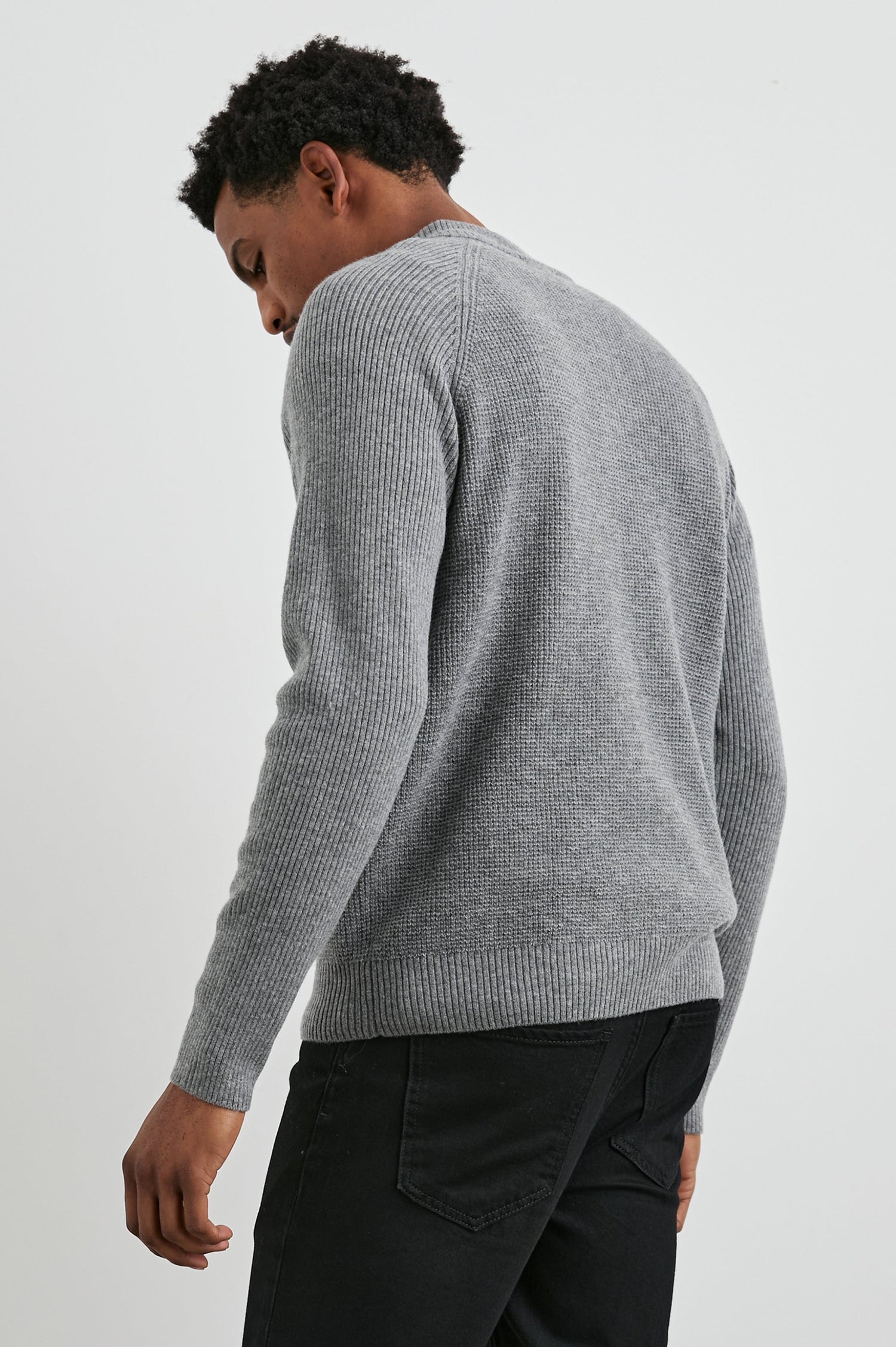 Stark Long-Sleeve Quarter Zip with a Mock Neck, Waffle Torso, and Ribbed Sleeves in Finch Colorway - Back View Featured on Model