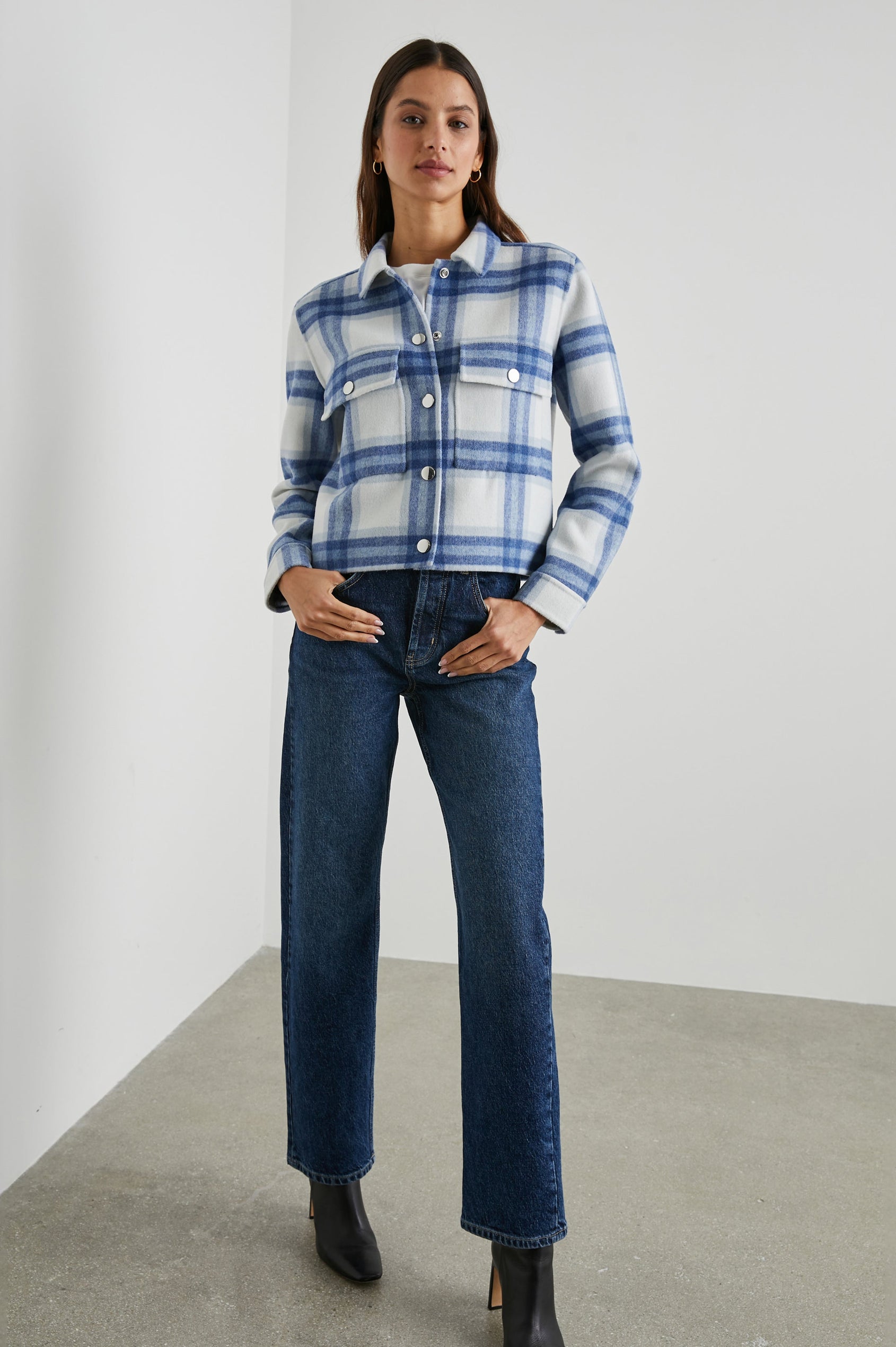 Steffi Jacket with Snap Closure, Snap Cuffs and Two Chest Snap Flap Pockets in Ivory Bay Colorway, an Ivory and Blue Plaid - Front Full Body View Featured on Model 