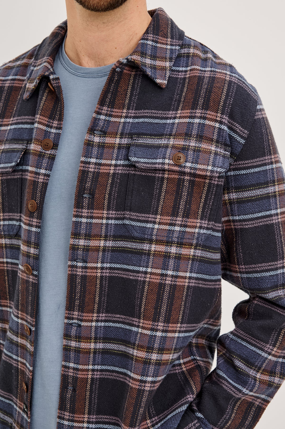Stellan Overshirt in Brushed Cotton With Relaxed FIt, Wide Collar, Button-Front, and Dual Chest Pockets in Night Sky Wood Colorway - Upper Body Front View Featured on Model