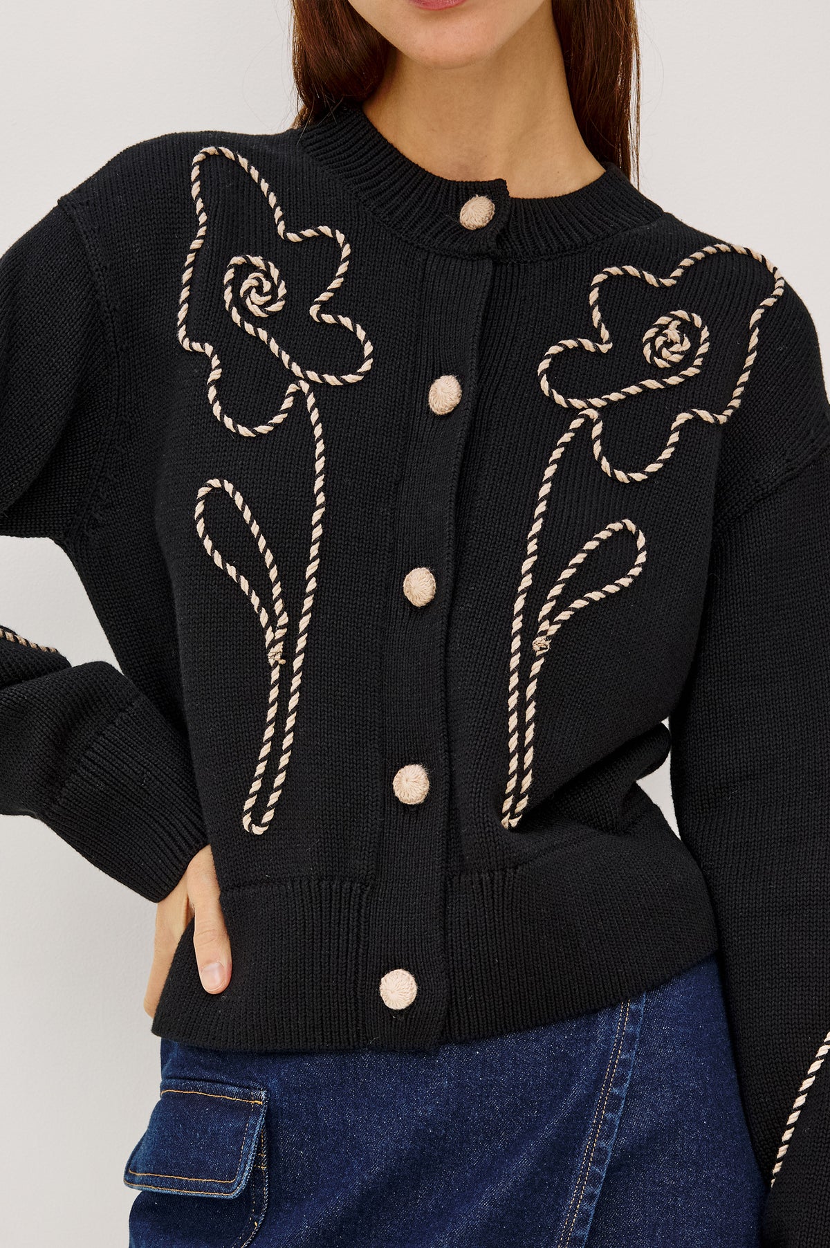 Sybil Cardigan in Cotton Knit With Boxy Fit, Crew Neckline, Soutache Embroidered Florals, Crochet Front Buttons, and Long Sleeves in Western Floral Colorway - Upper Body Front View Featured on Model