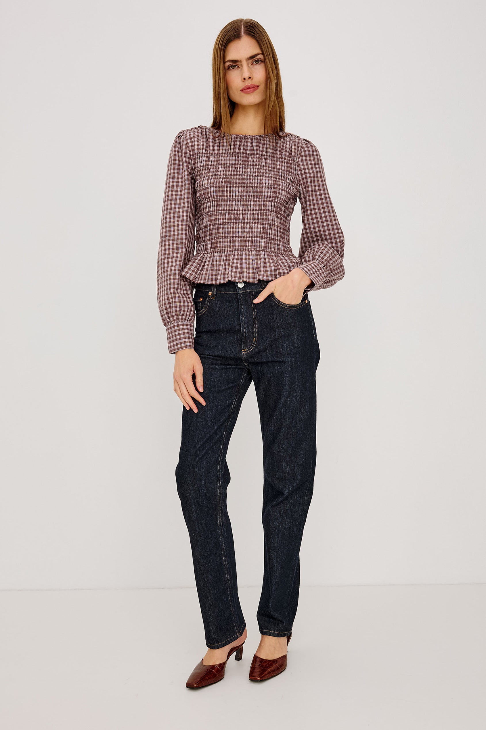 Tabi Shirt in Cotton Poplin With Fitted Smocked Bodice, Flared Peplum Hem, Long Puff Sleeves, and Shirred Neckline in Rust Rose Colorway - Full Body Front View Featured on Model