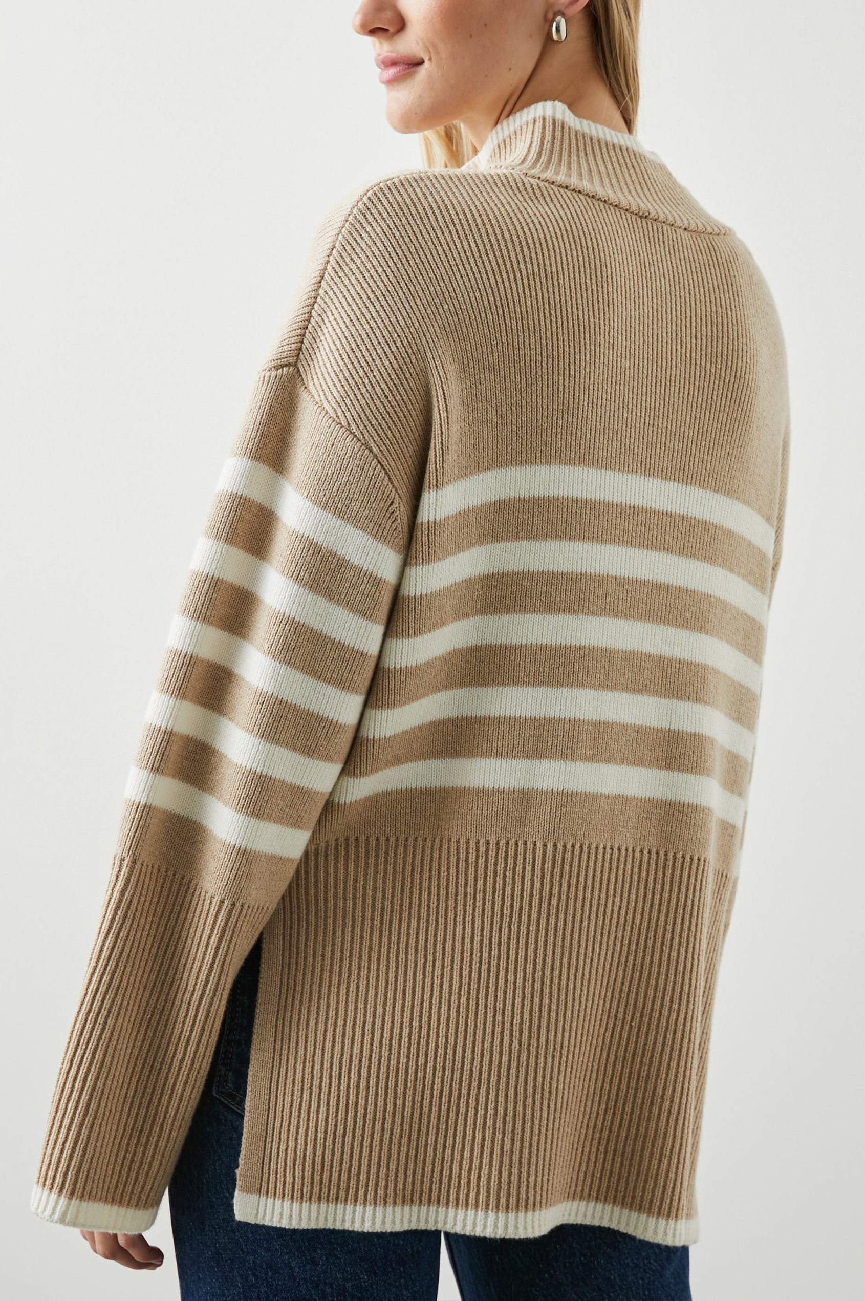 Tessa Long-Sleeve Ribbed Sweater with a Zipped Mock Neck, Wide Sleeves, and Thicker Ribbing at Trims in Sand Stripe Colorway, white horizontal stripes on Sand - Back View Featured on Model