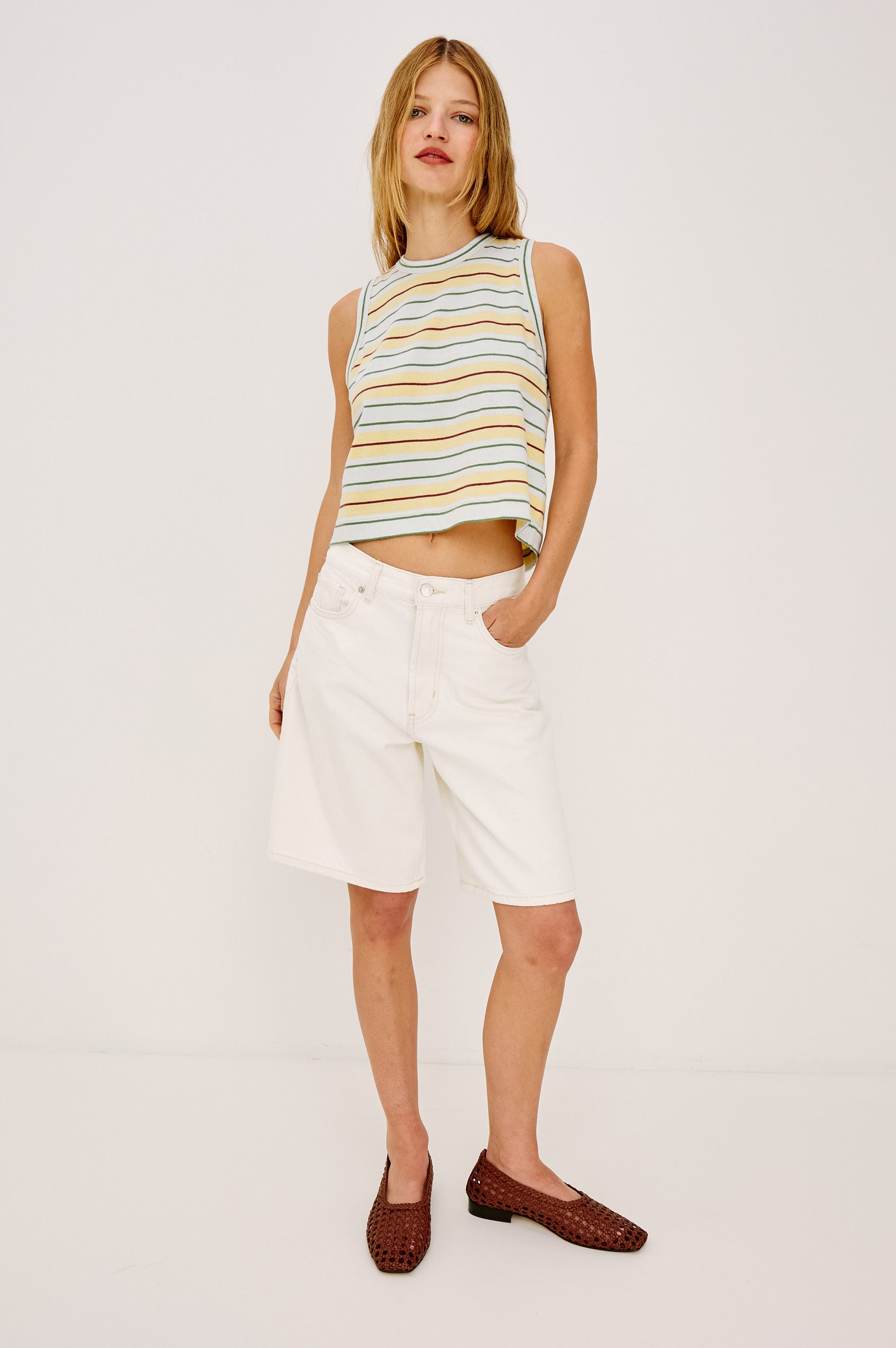 The Boxy Tank in Slubbed Cotton Jersey With Crew Neckline, Wide Shoulder Straps, and a Cropped, Boxy in Honey Sea Stripe Colorway - Full Body Front View Featured on Model