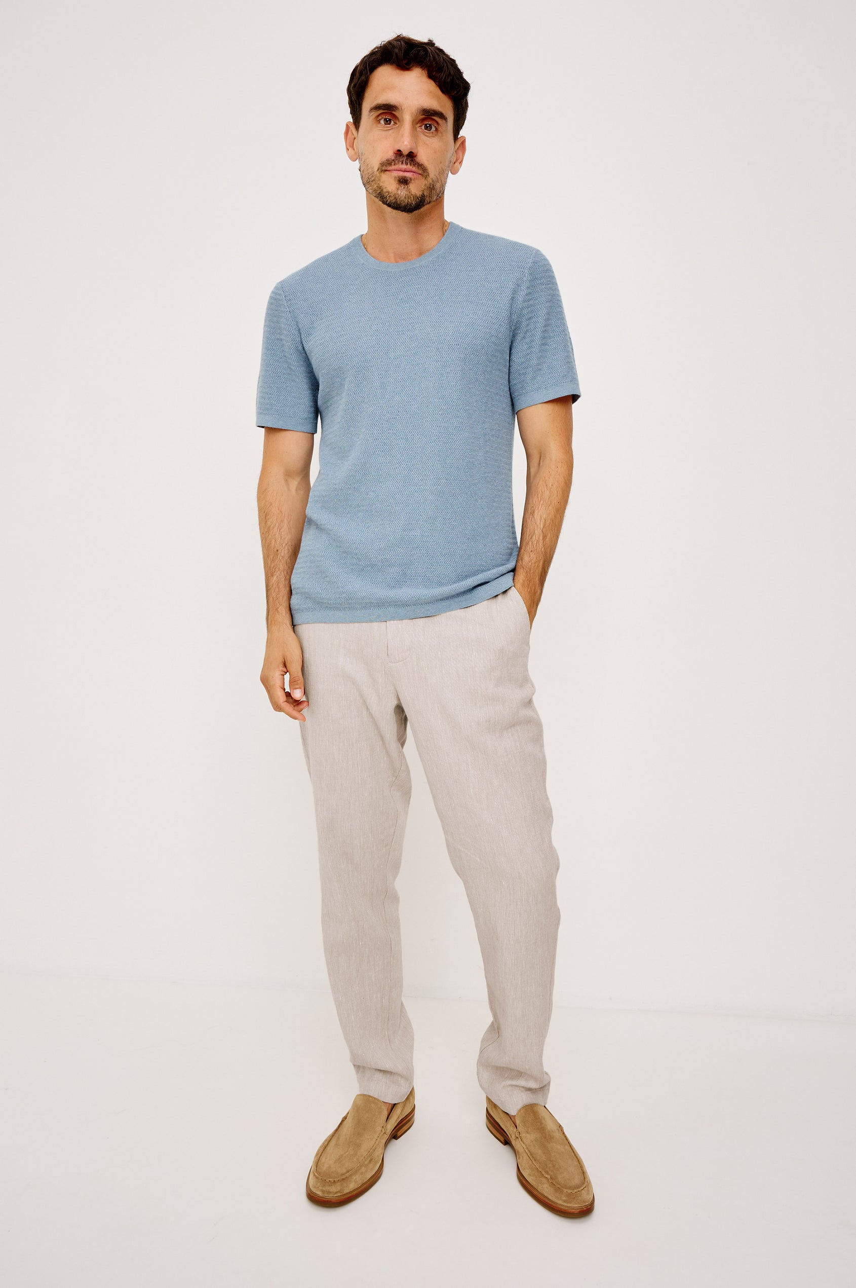 Theo T-Shirt in Ribbed Cotton-Cashmere With Crew Neckline, Short Sleeves, and Classic Fit in Blue Sky Heather Colorway - Full Body Front View Featured on Model