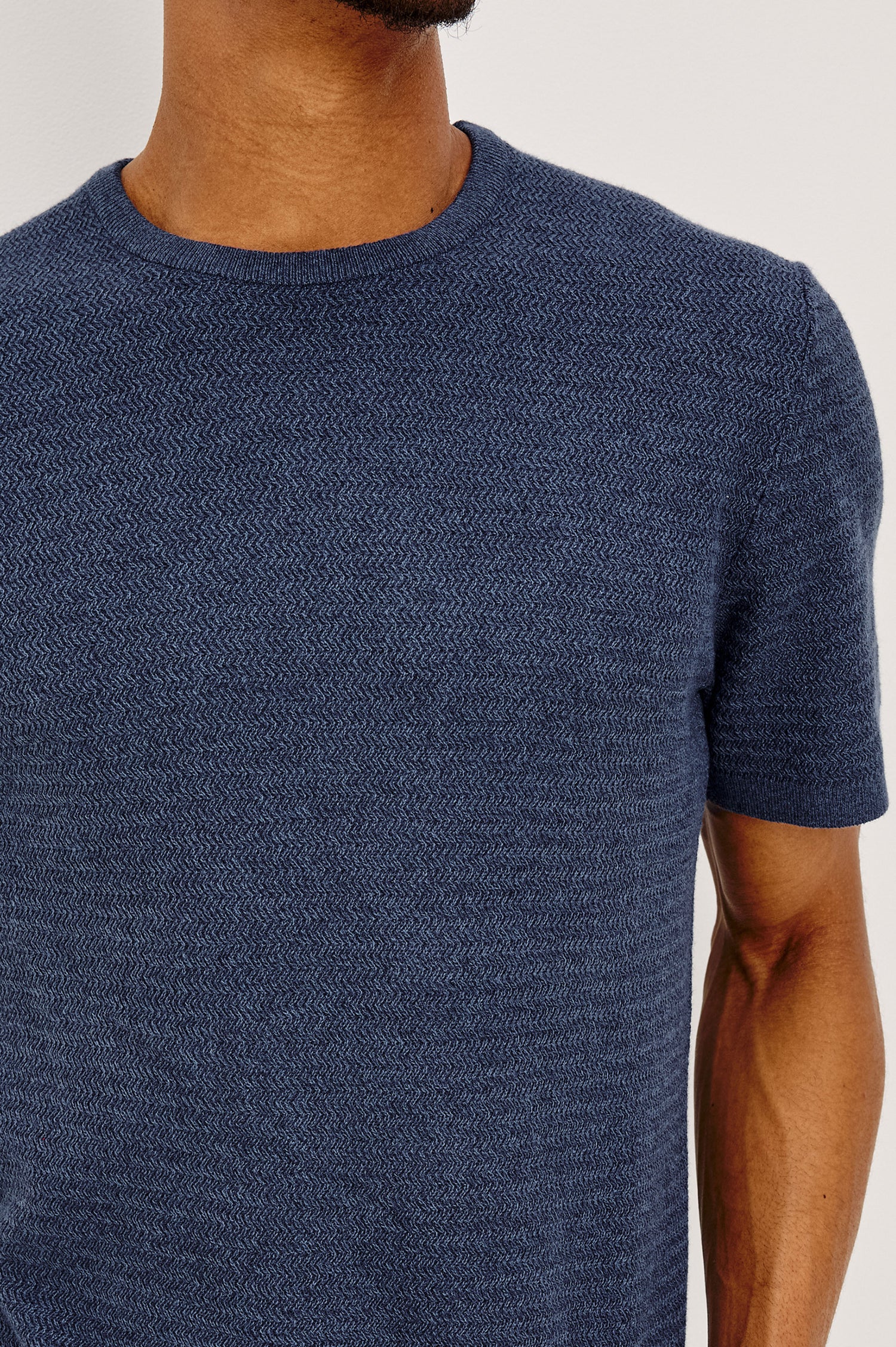 Theo T-Shirt in Ribbed Cotton-Cashmere With Crew Neckline, Short Sleeves, and Classic Fit in Harbour Colorway - Upper Body Front View Featured on Model