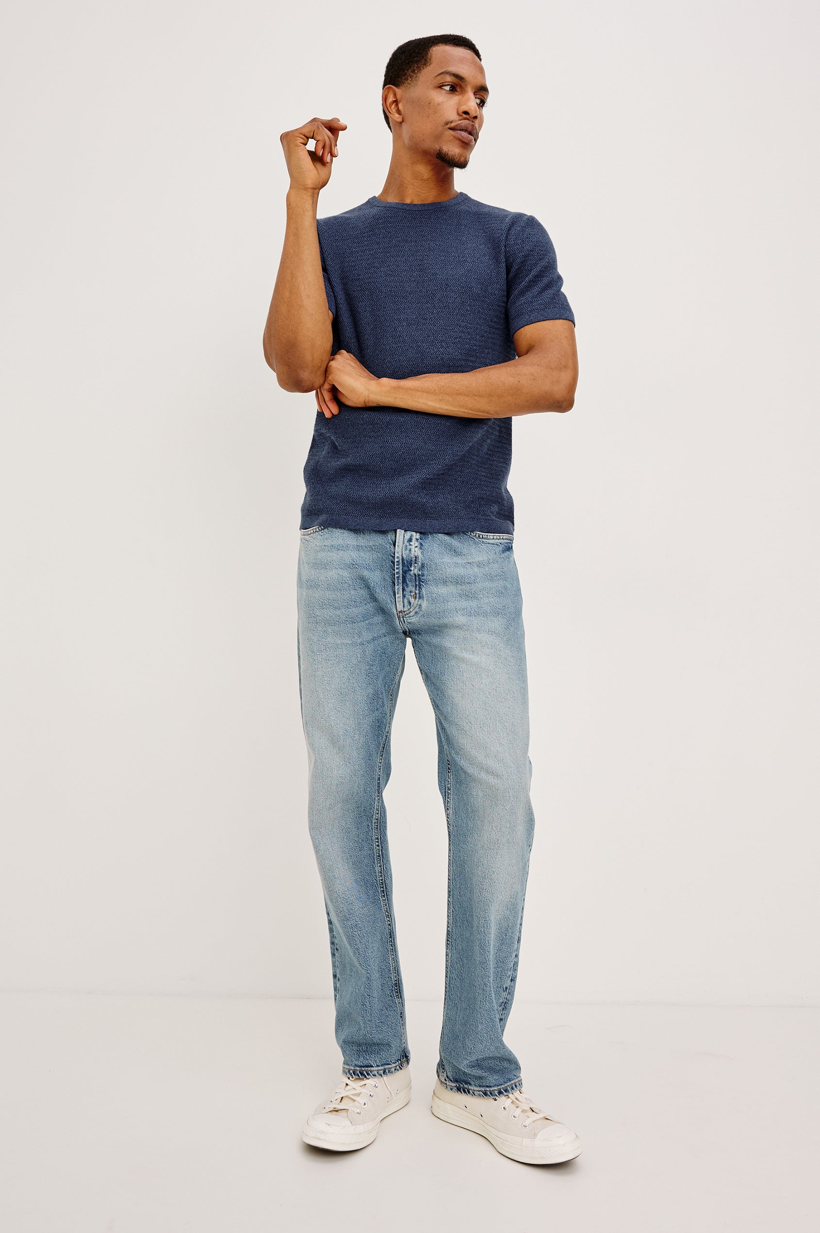 Theo T-Shirt in Ribbed Cotton-Cashmere With Crew Neckline, Short Sleeves, and Classic Fit in Harbour Colorway - Ful body Front View Featured on Model